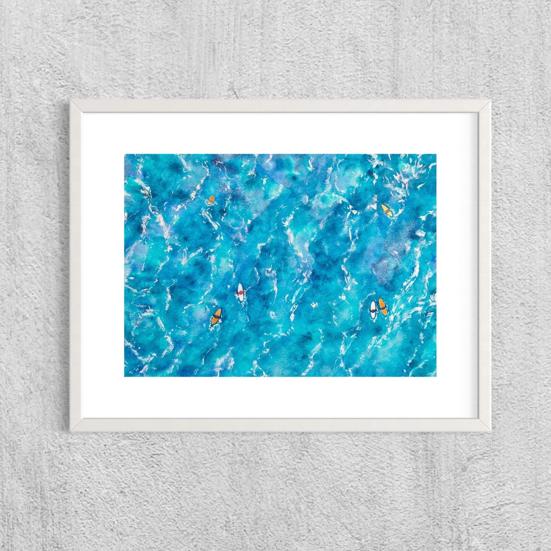 Surfers Path l by Joy Clifton - Aerial Seascape Painting, Surf Art, Ocean Watercolour Painting