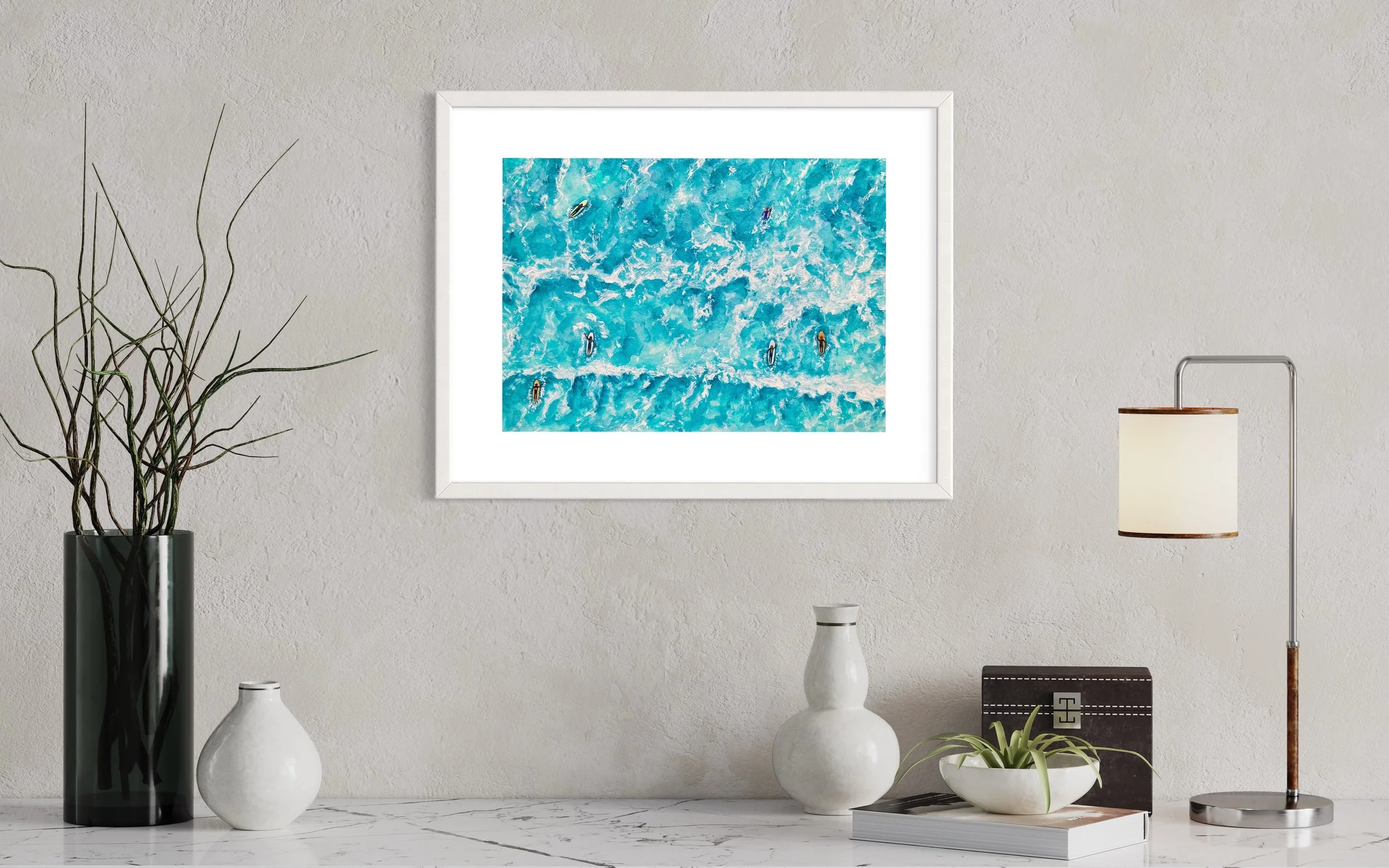 Surfers Path lll by Joy Clifton - Aerial Seascape Painting, Surf Art, Ocean Watercolour Painting
