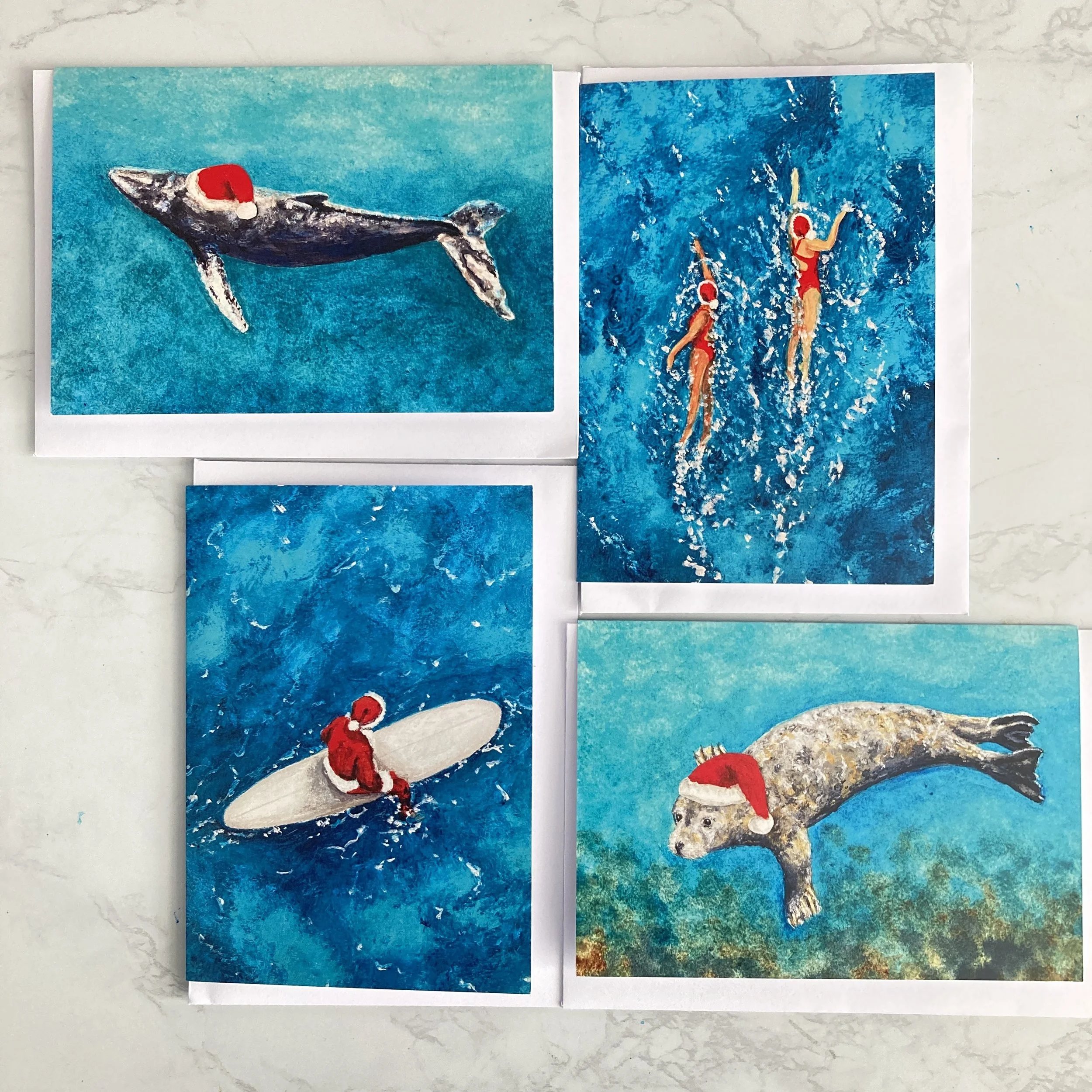 Ocean Christmas Card Set, Pack of 4, Art Christmas Cards, Marine Wildlife Art Cards, Surfing and Swimming Christmas Card