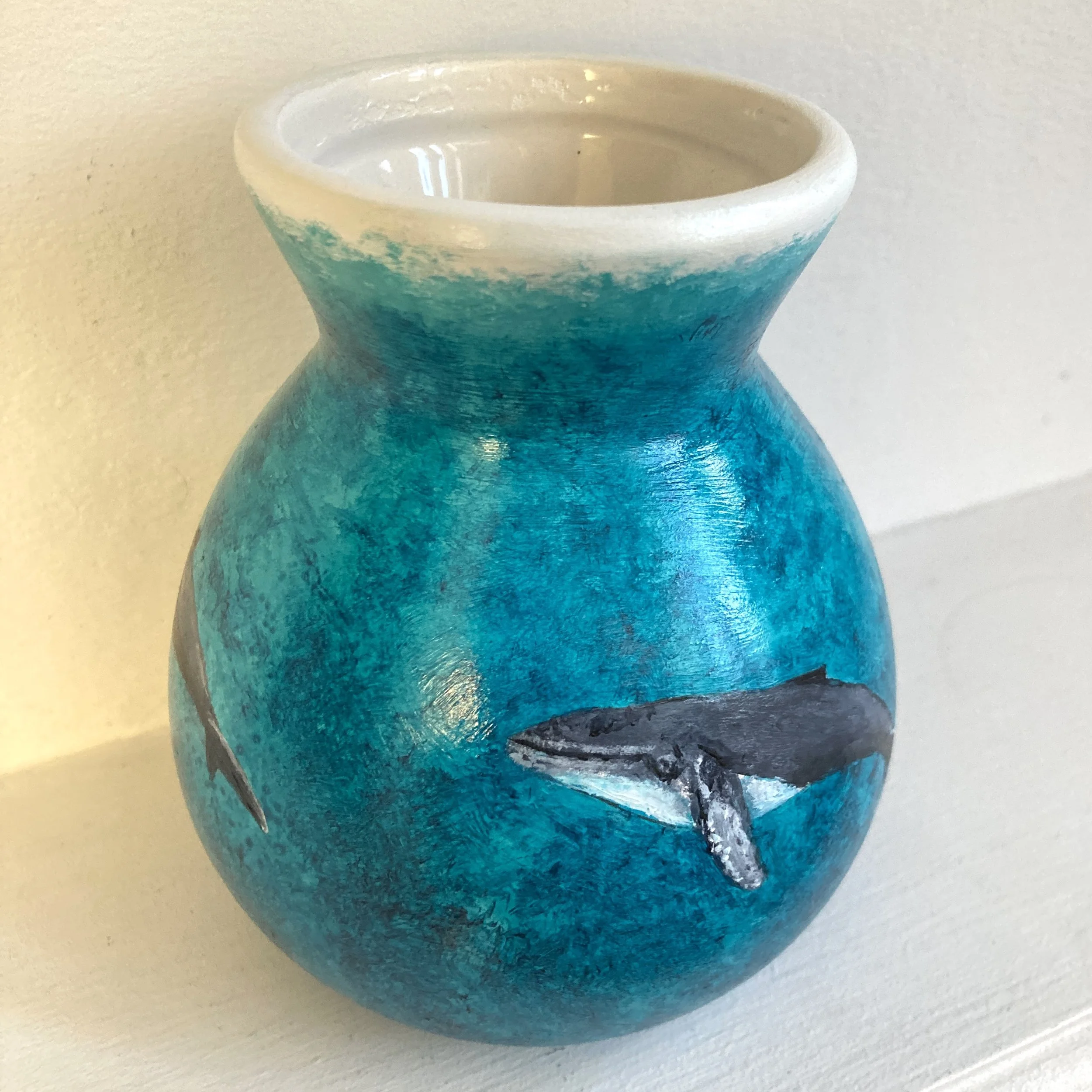 Humpback Whale Vase, Hand-painted Seascape Ceramic Vase Featuring Humpback Whales