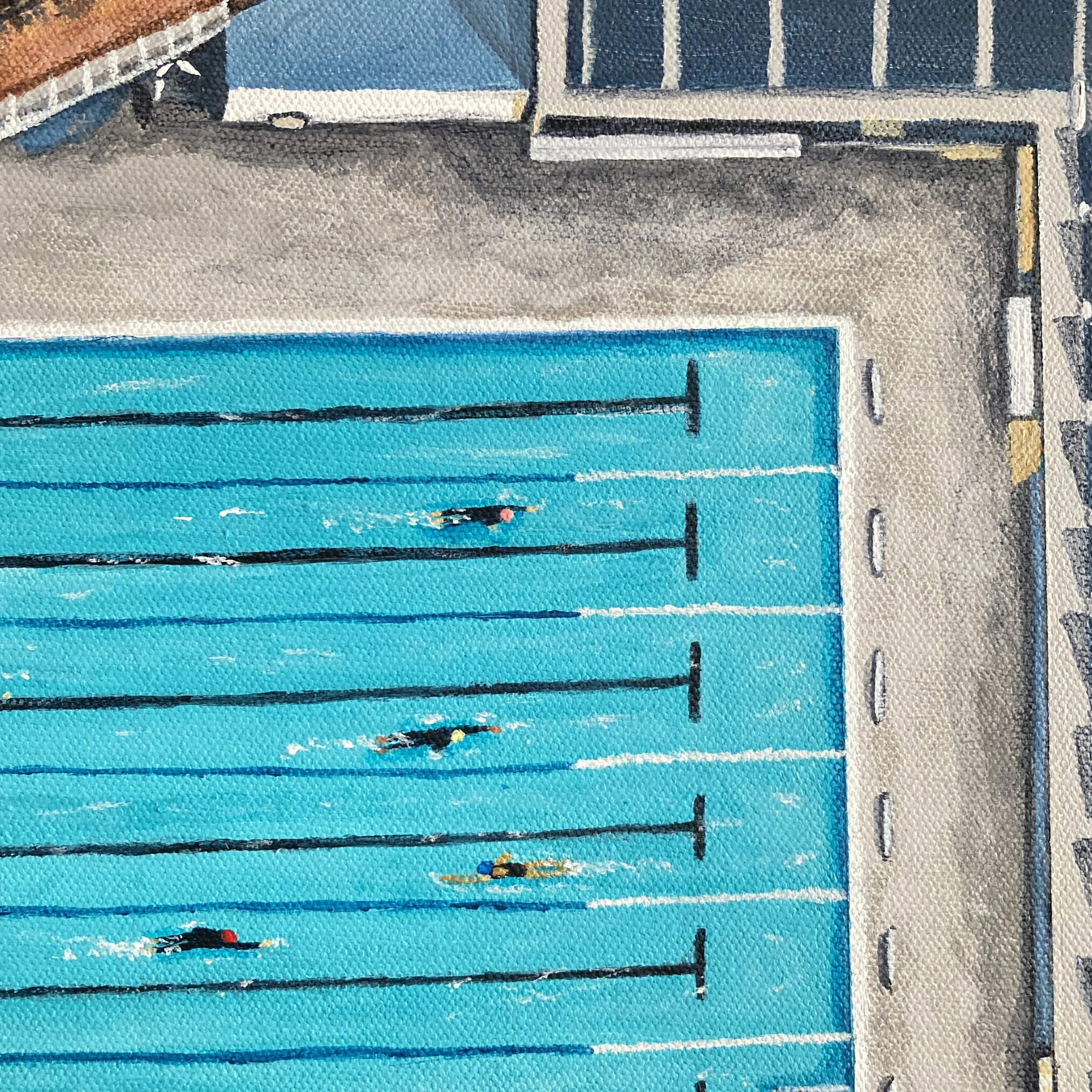Sea Lanes, Brighton by Joy Clifton, Aerial Seascape Acrylic Painting, Coastal Art, Swim Art, Outdoor Swimming