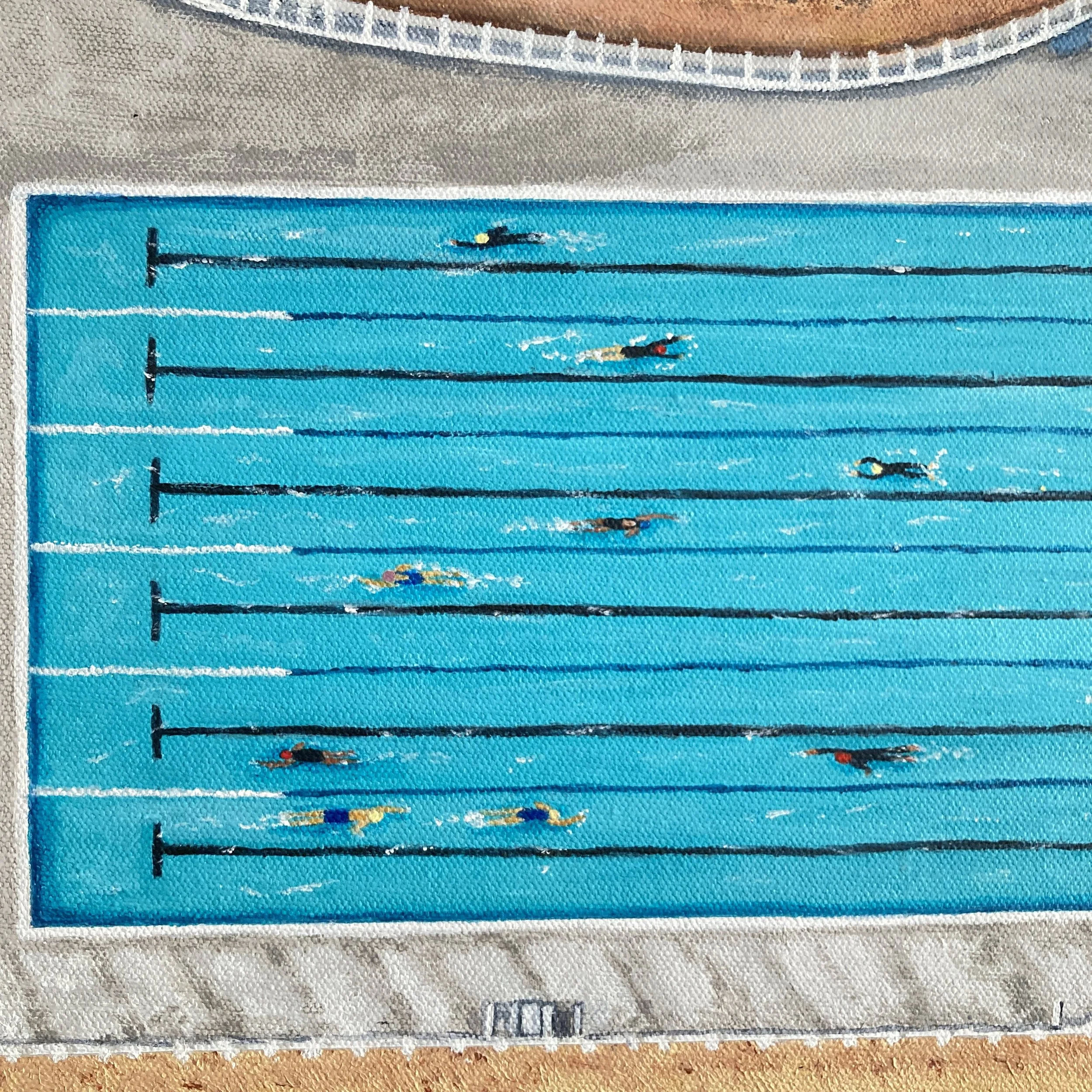 Sea Lanes, Brighton by Joy Clifton, Aerial Seascape Acrylic Painting, Coastal Art, Swim Art, Outdoor Swimming