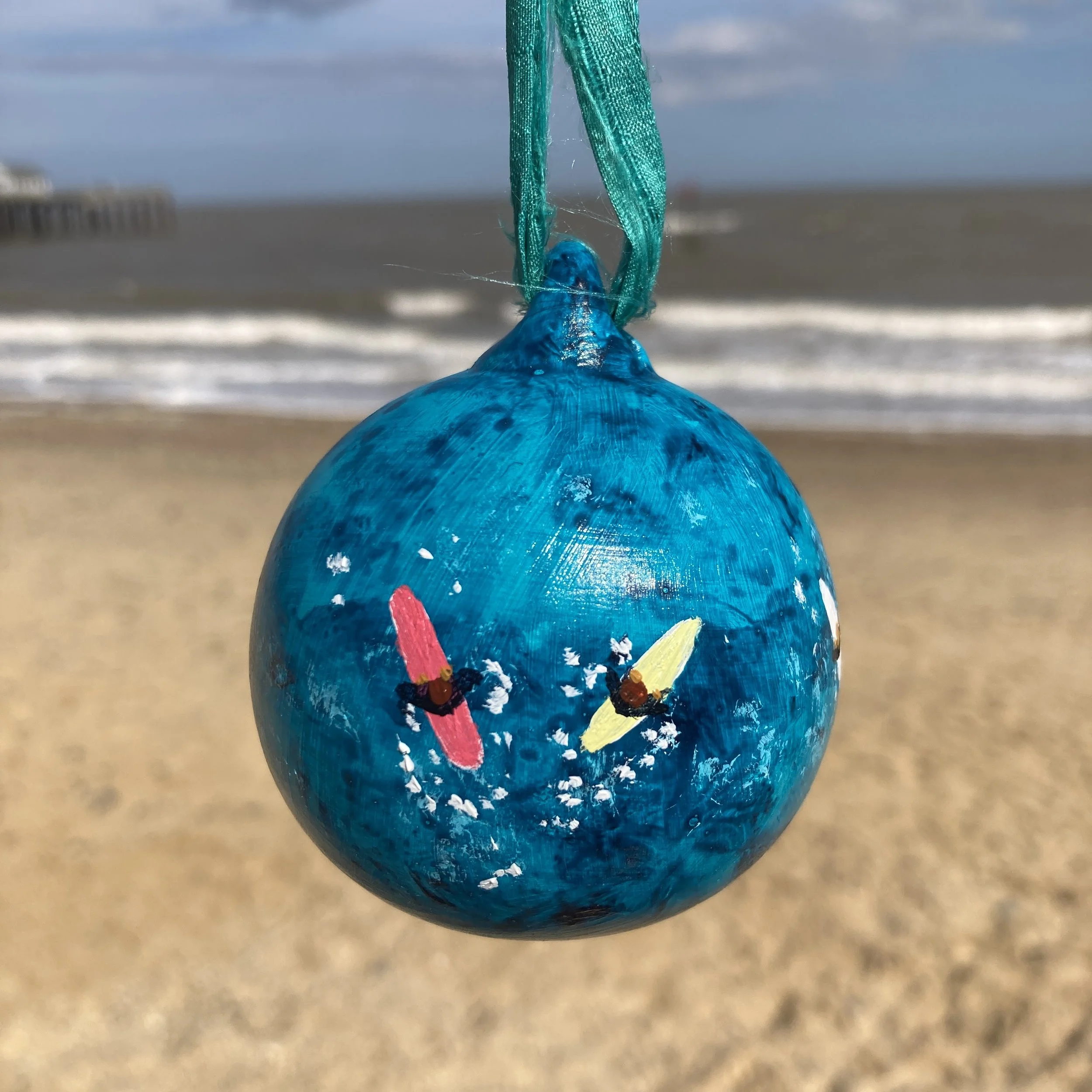 Hand Painted Surfers Ceramic Bauble - Beach Bauble, Surf Bauble, Ocean Bauble, Surf Gift, Christmas Gift, Christmas Bauble