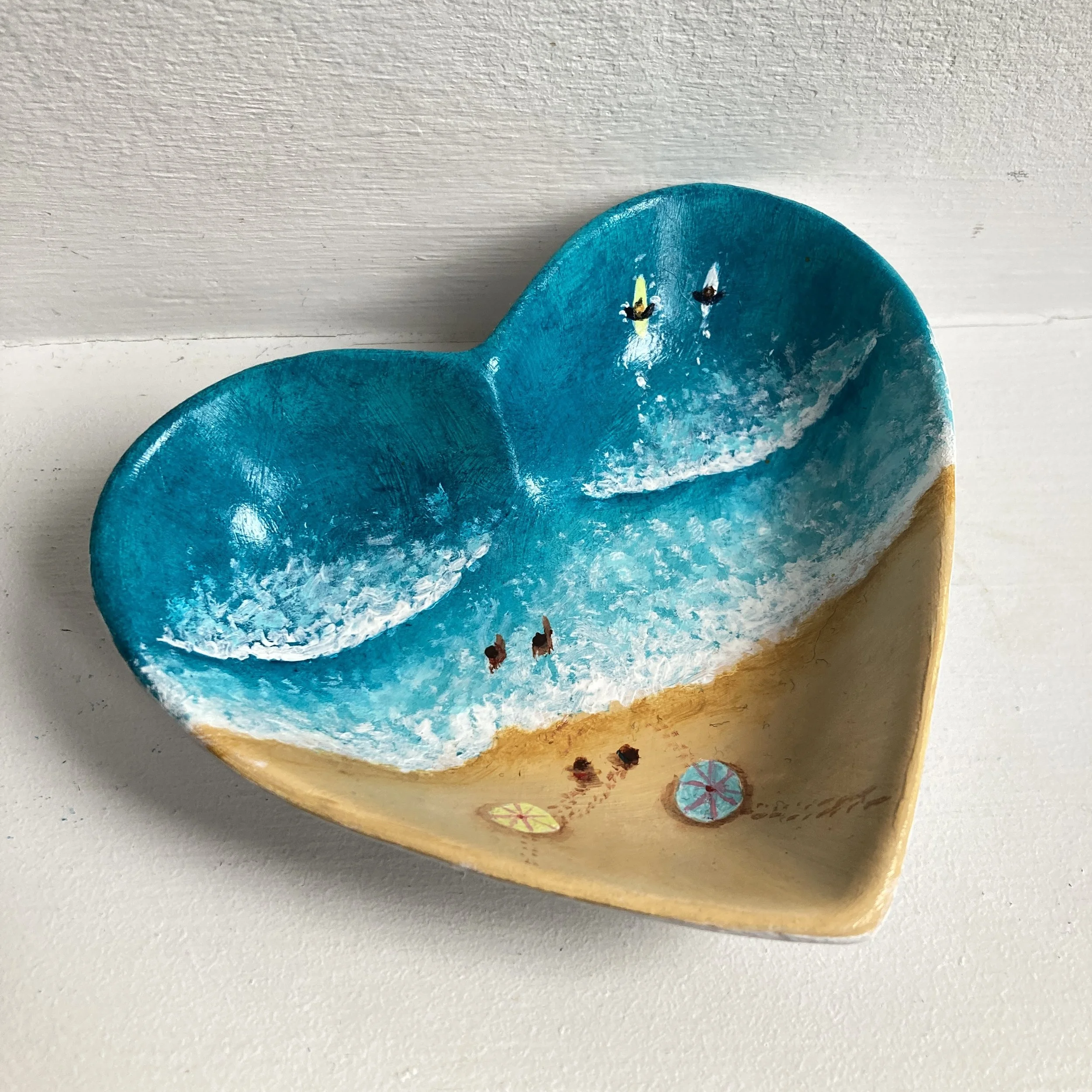 Hand Painted Beach Days ll Heart Shaped Ceramic Trinket Dish, Coastal Decor, Valentines Gift, Birthday Present