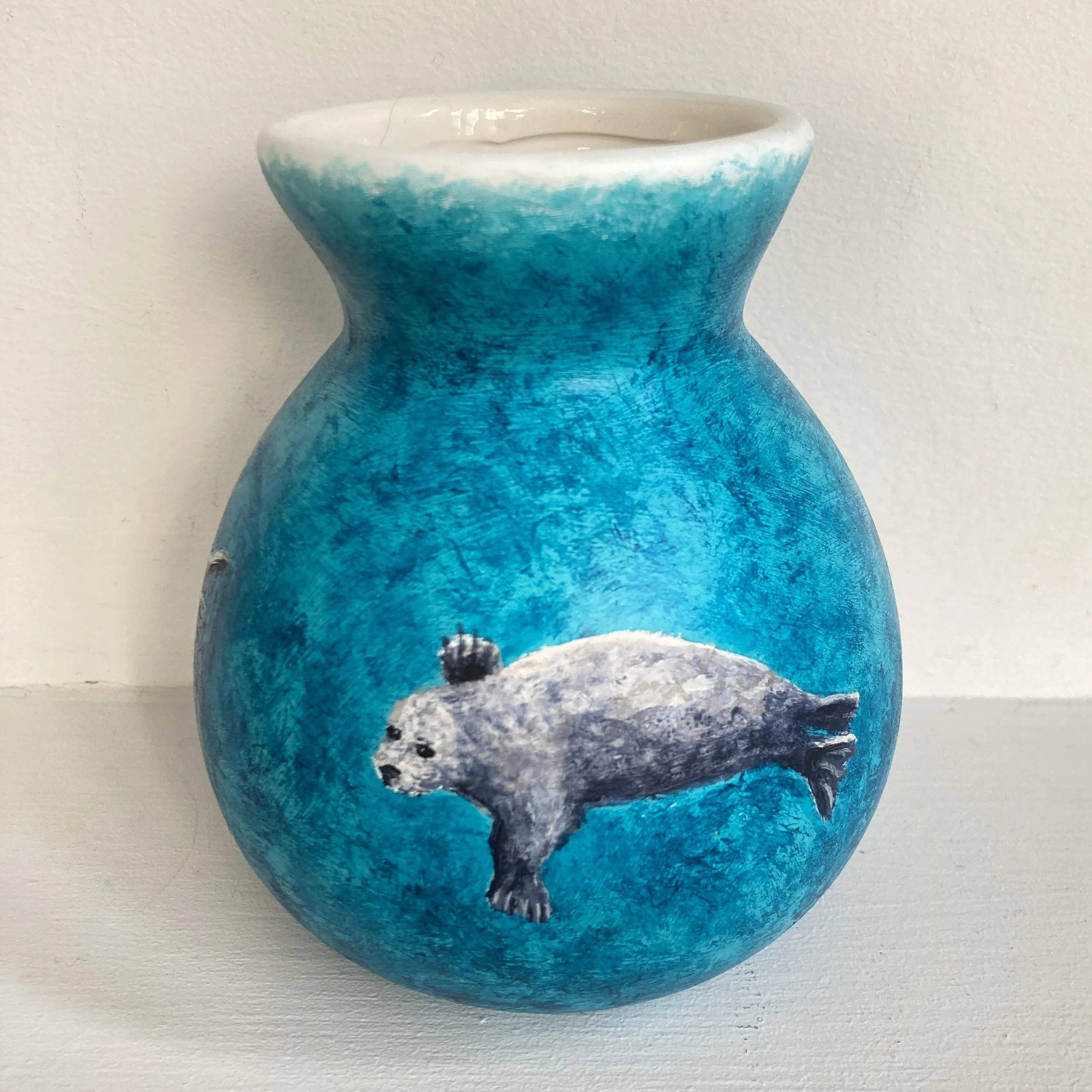 Grey Seal Vase, Hand-painted Seascape Ceramic Vase Featuring Grey Seal