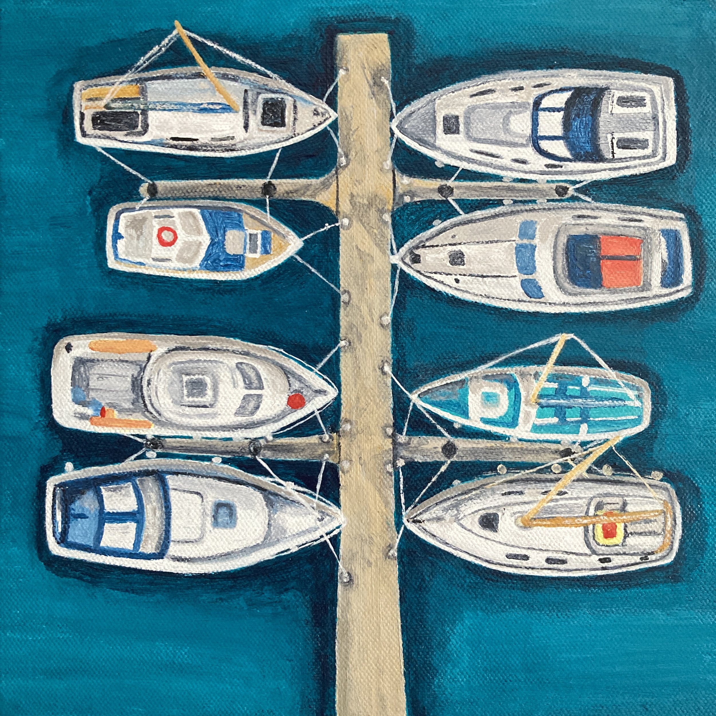 All Moored Up by Joy Clifton, Aerial Seascape Acrylic Painting, Coastal Art, Boat Art