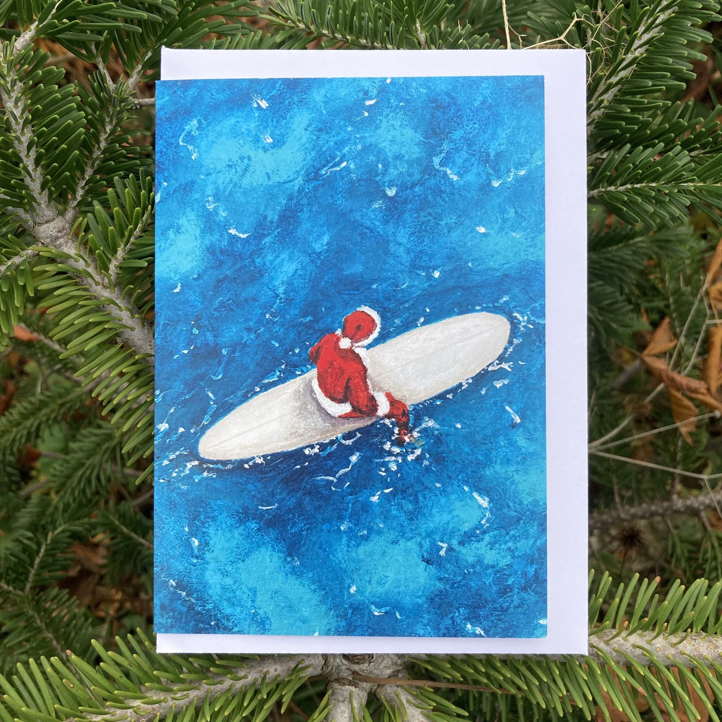 Surfer Santa Christmas Card, Art Christmas Card, Surfing Santa Christmas Card