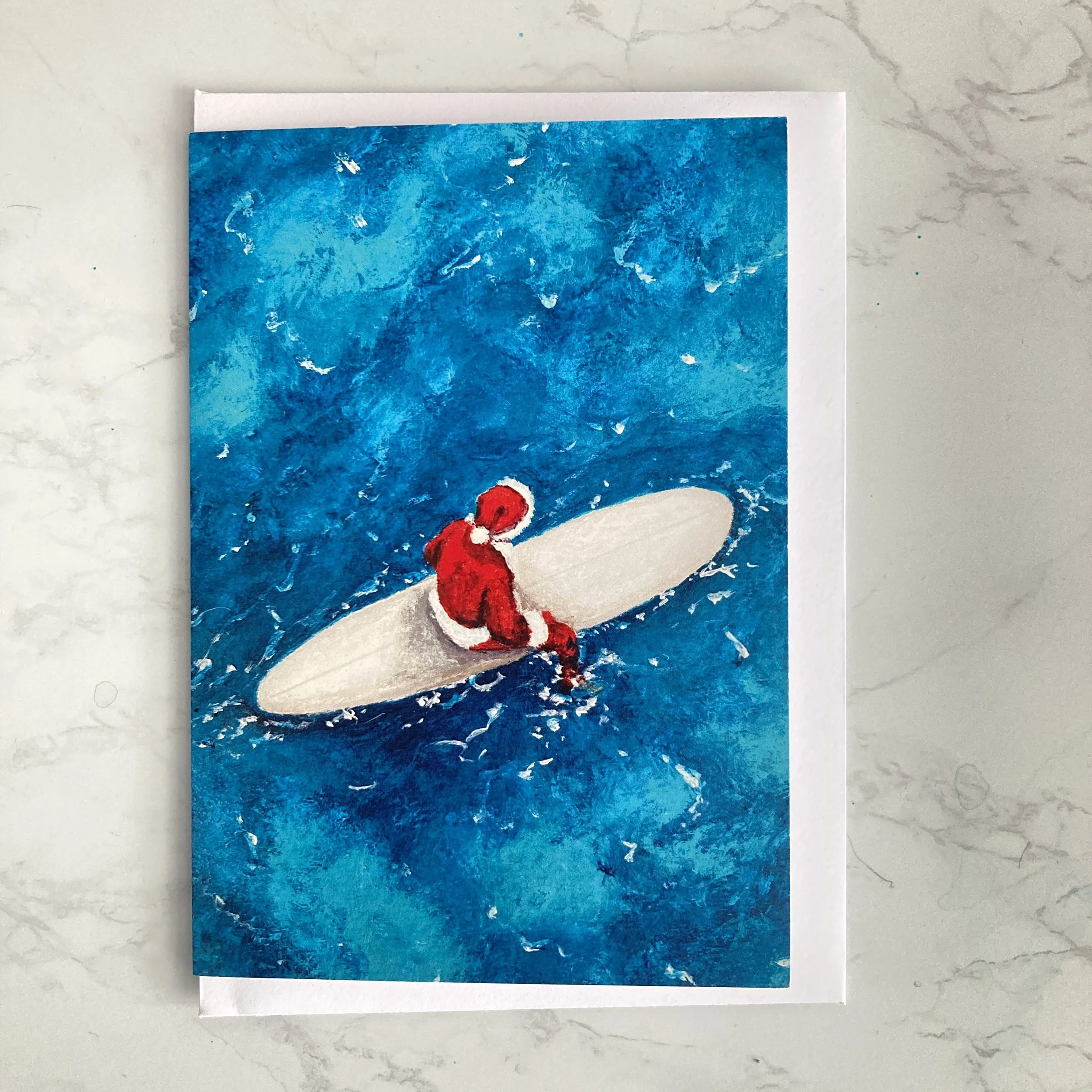Surfer Santa Christmas Card, Art Christmas Card, Surfing Santa Christmas Card