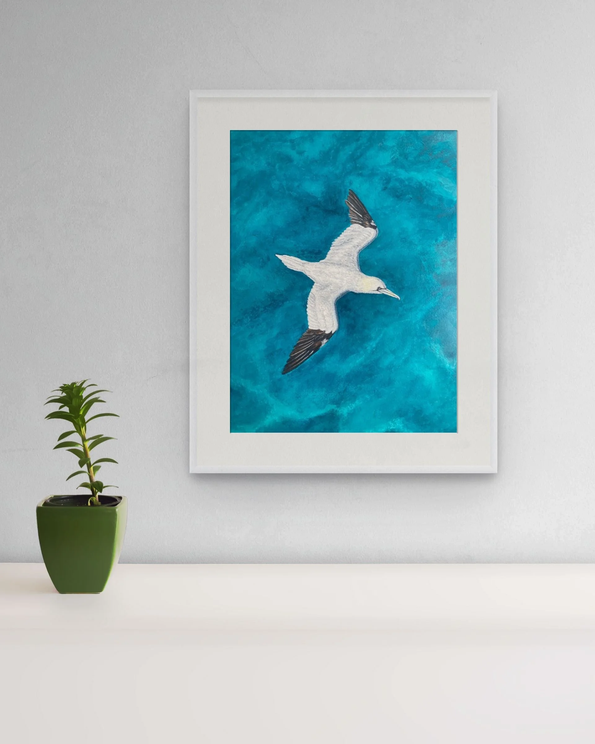 Patrolling the Seas by Joy Clifton is an original acrylic painting featuring a gannet from an aerial perspective. Unique seascape and wildlife art.