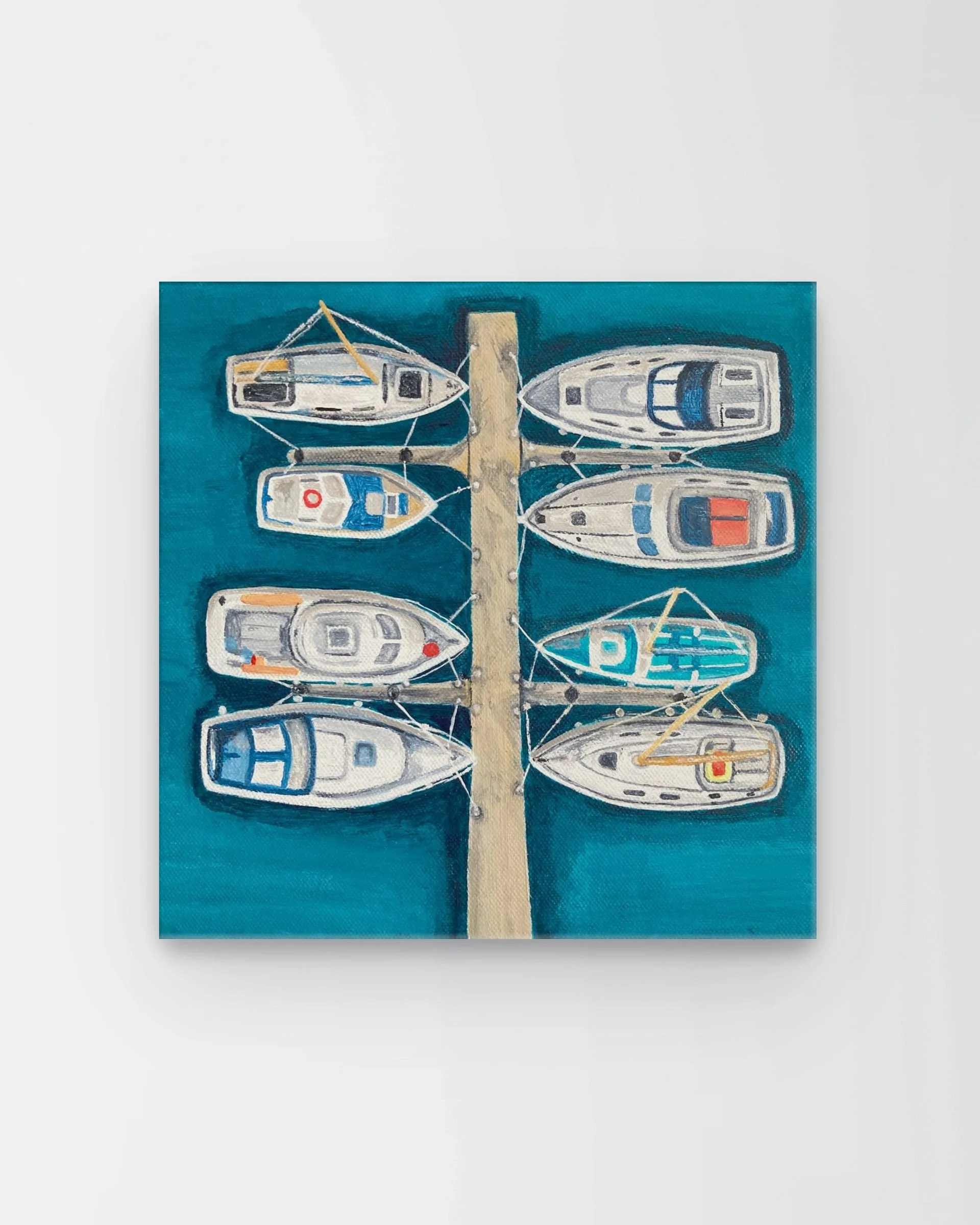 All Moored Up by Joy Clifton, Aerial Seascape Acrylic Painting, Coastal Art, Boat Art