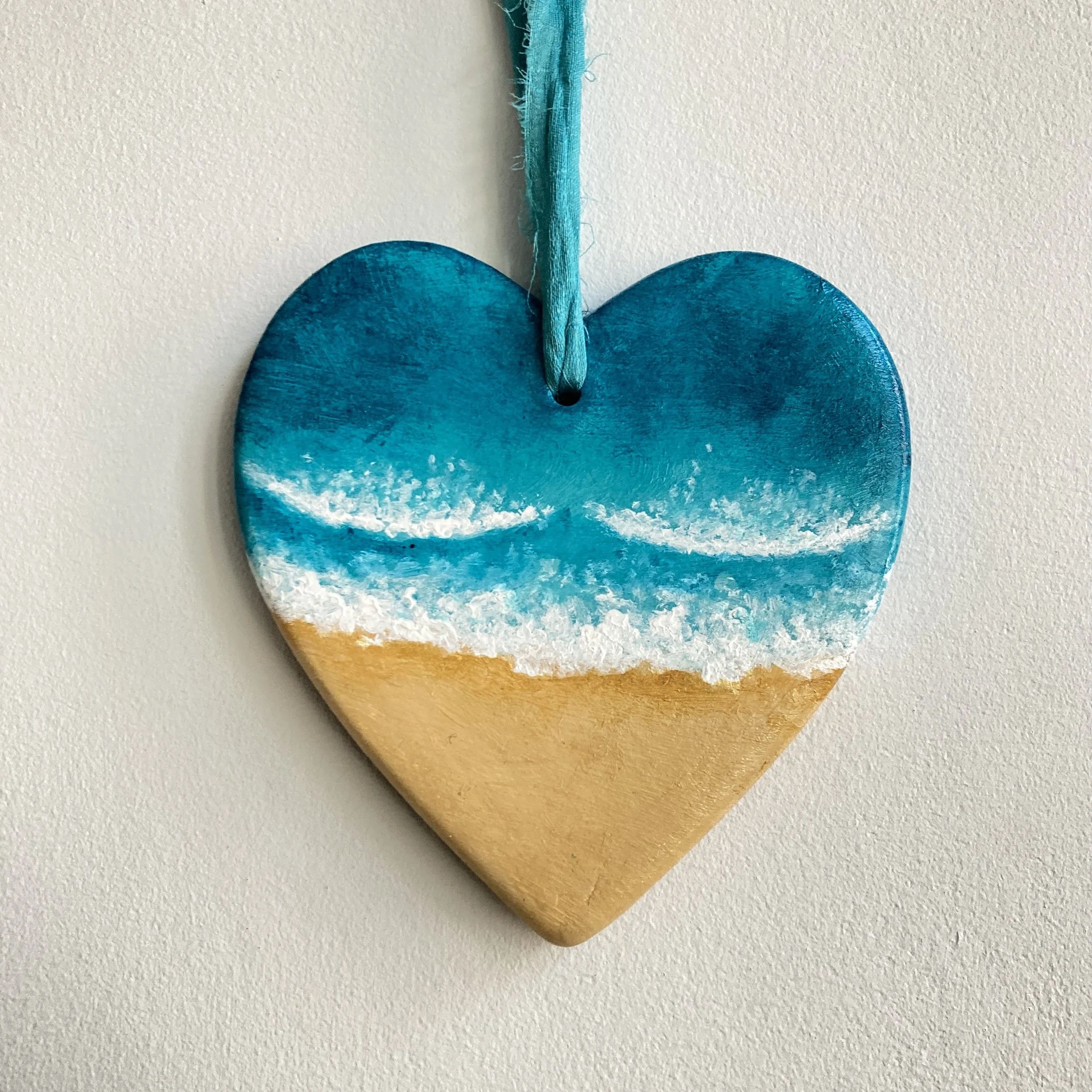 Beach Days Heart Shaped Ceramic Hanging Decoration, Valentines Gift, Surf Art, Aerial Seascape, Beachscape