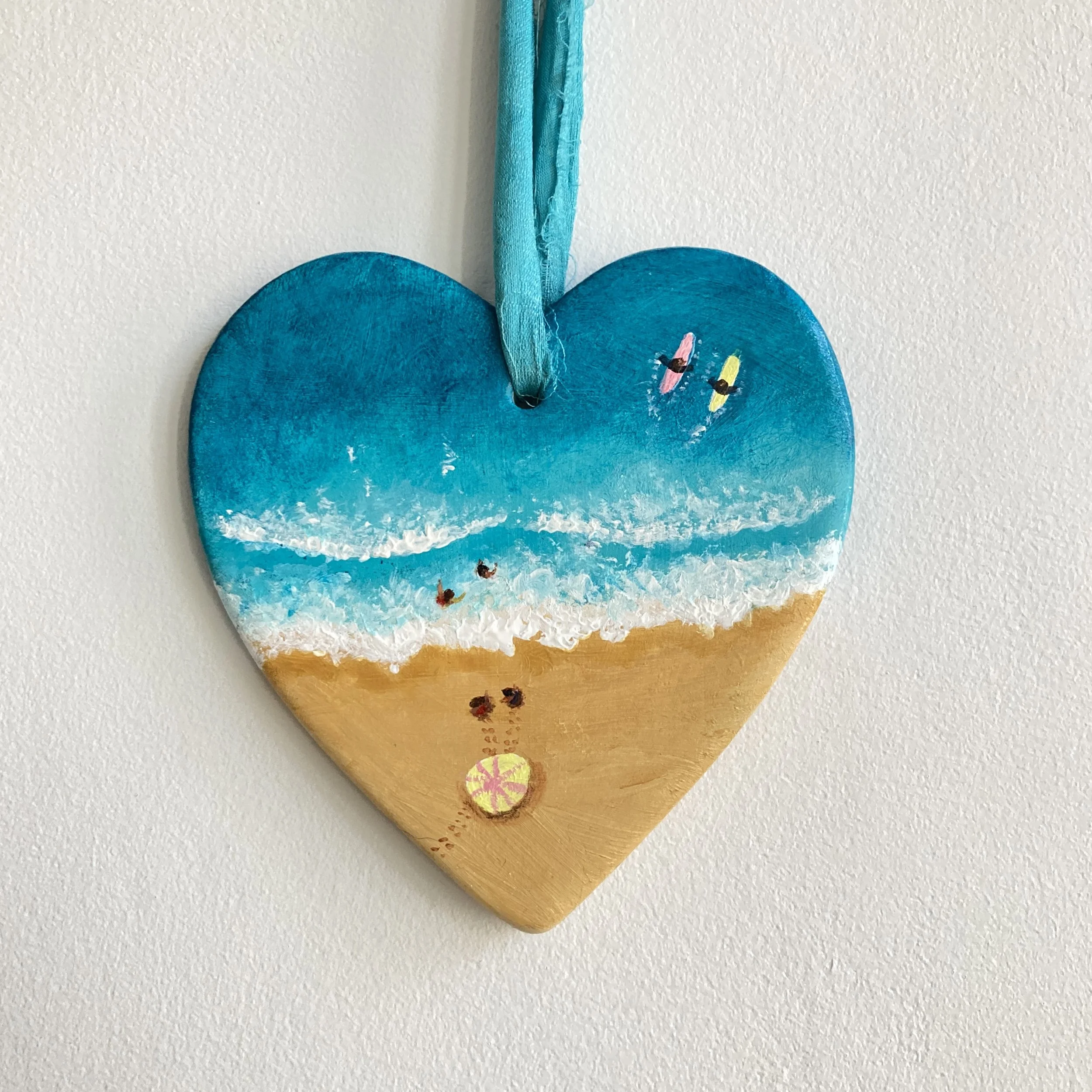 Beach Days Heart Shaped Ceramic Hanging Decoration, Valentines Gift, Surf Art, Aerial Seascape, Beachscape