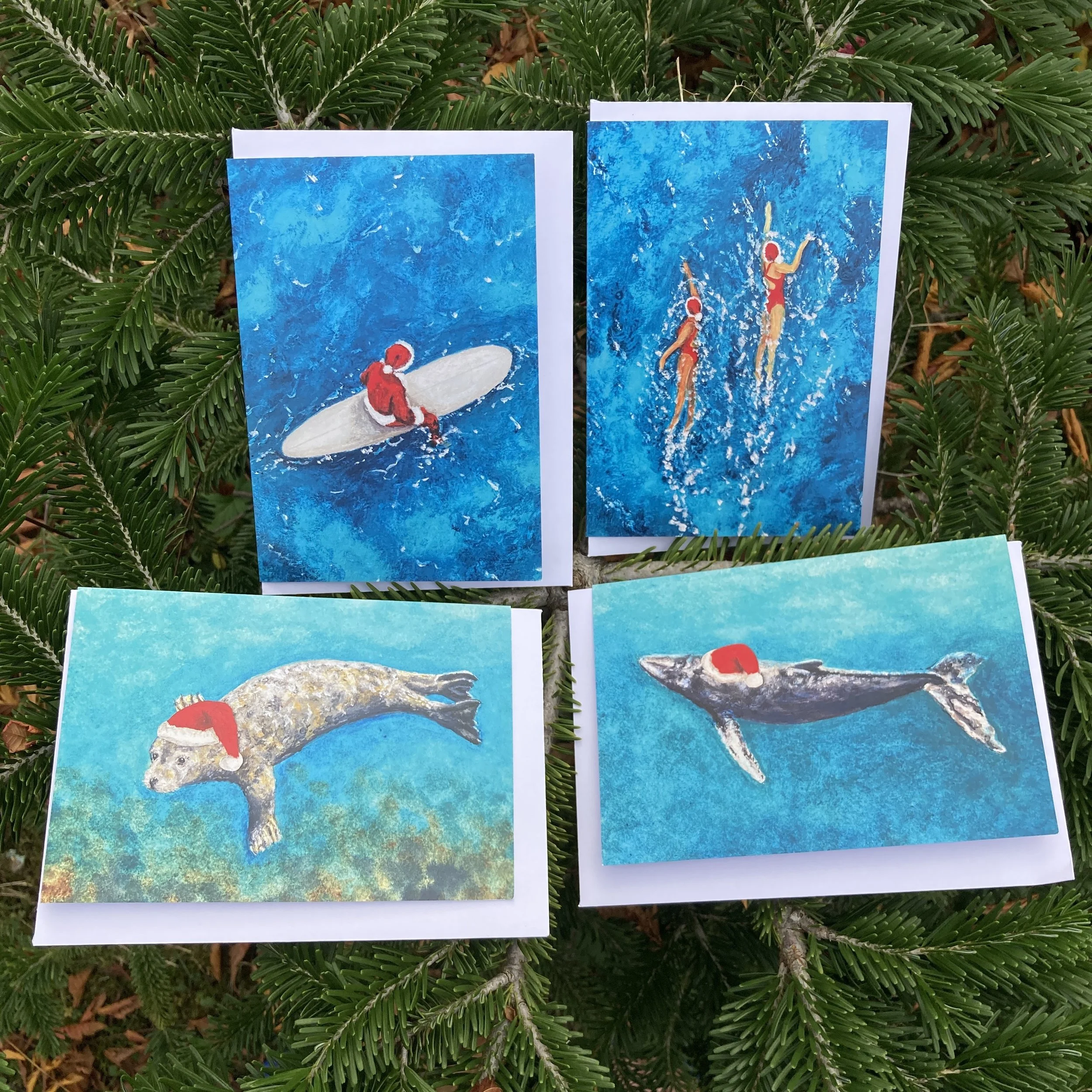 Ocean Christmas Card Set, Pack of 4, Art Christmas Cards, Marine Wildlife Art Cards, Surfing and Swimming Christmas Card