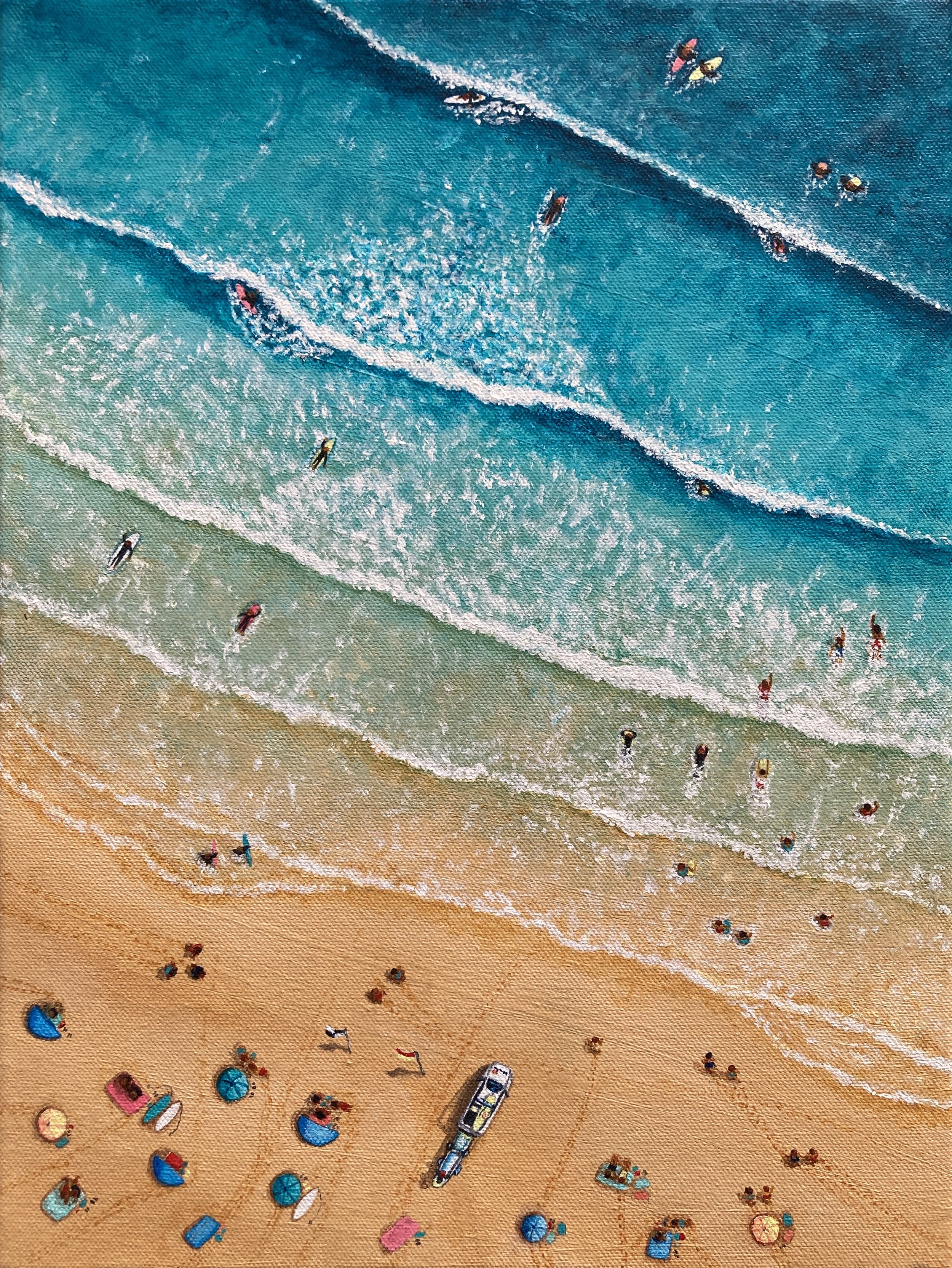wim Between The Flags aerial seascape painting of Perranporth Beach, Cornwall