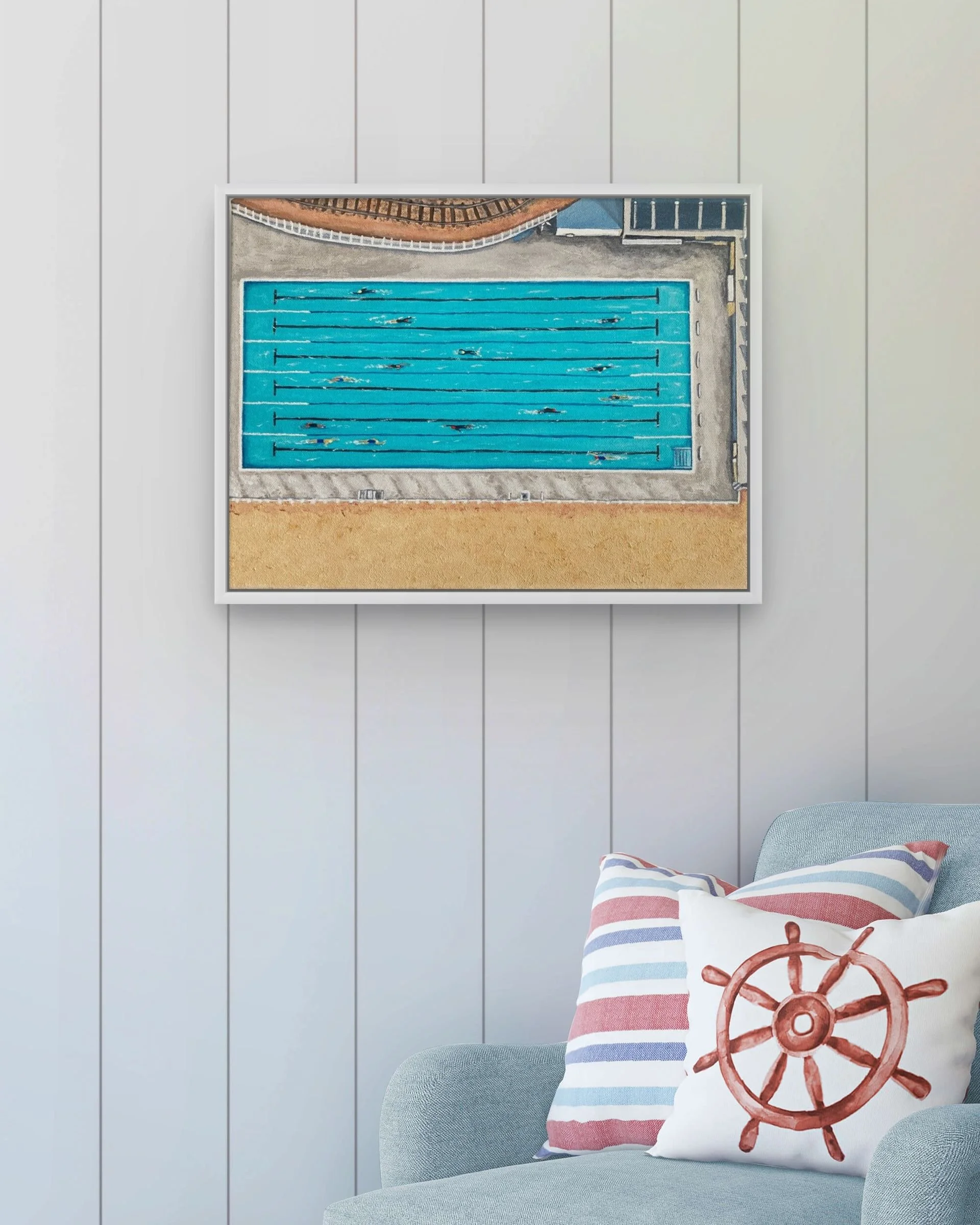 Sea Lanes, Brighton by Joy Clifton, Aerial Seascape Acrylic Painting, Coastal Art, Swim Art, Outdoor Swimming