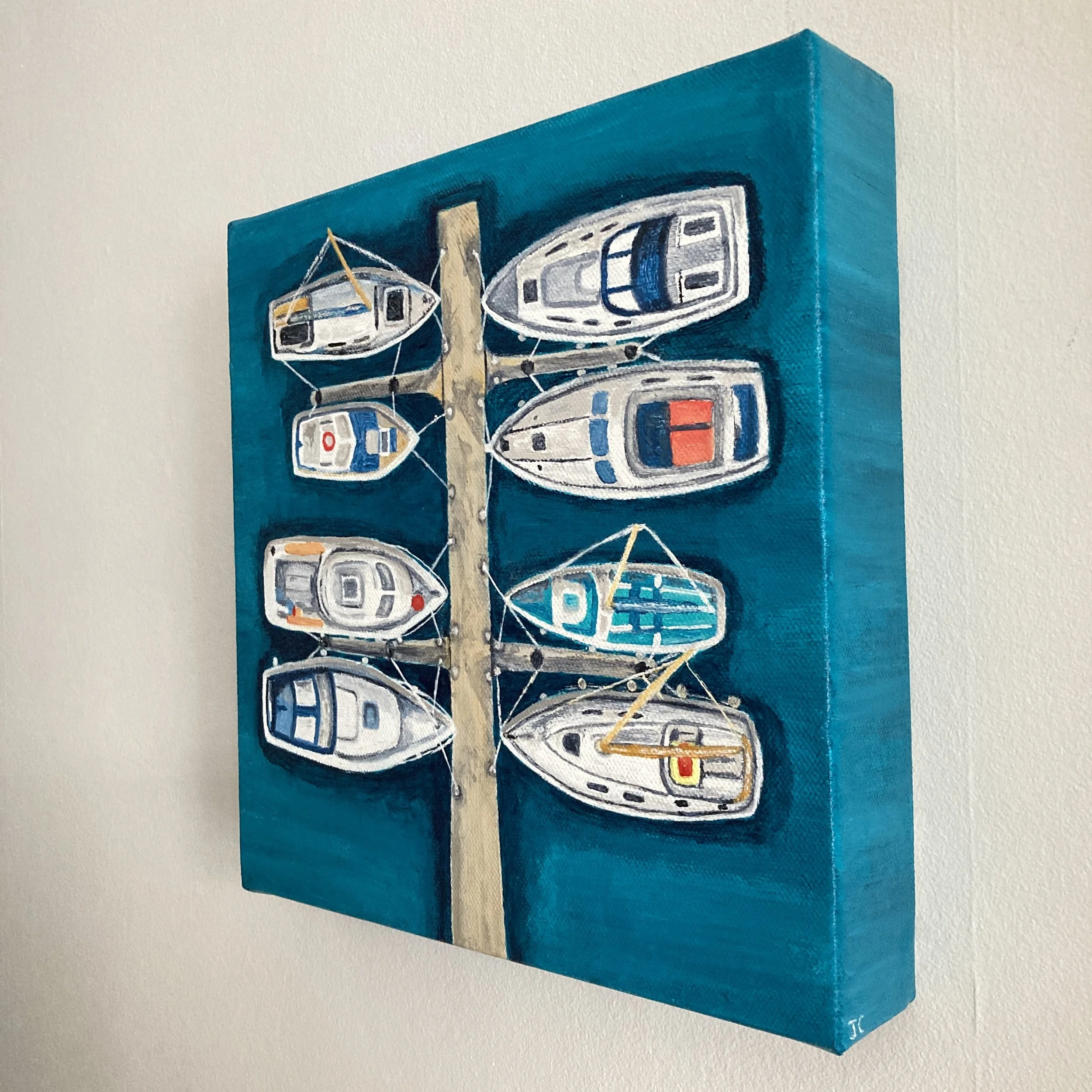 All Moored Up by Joy Clifton, Aerial Seascape Acrylic Painting, Coastal Art, Boat Art