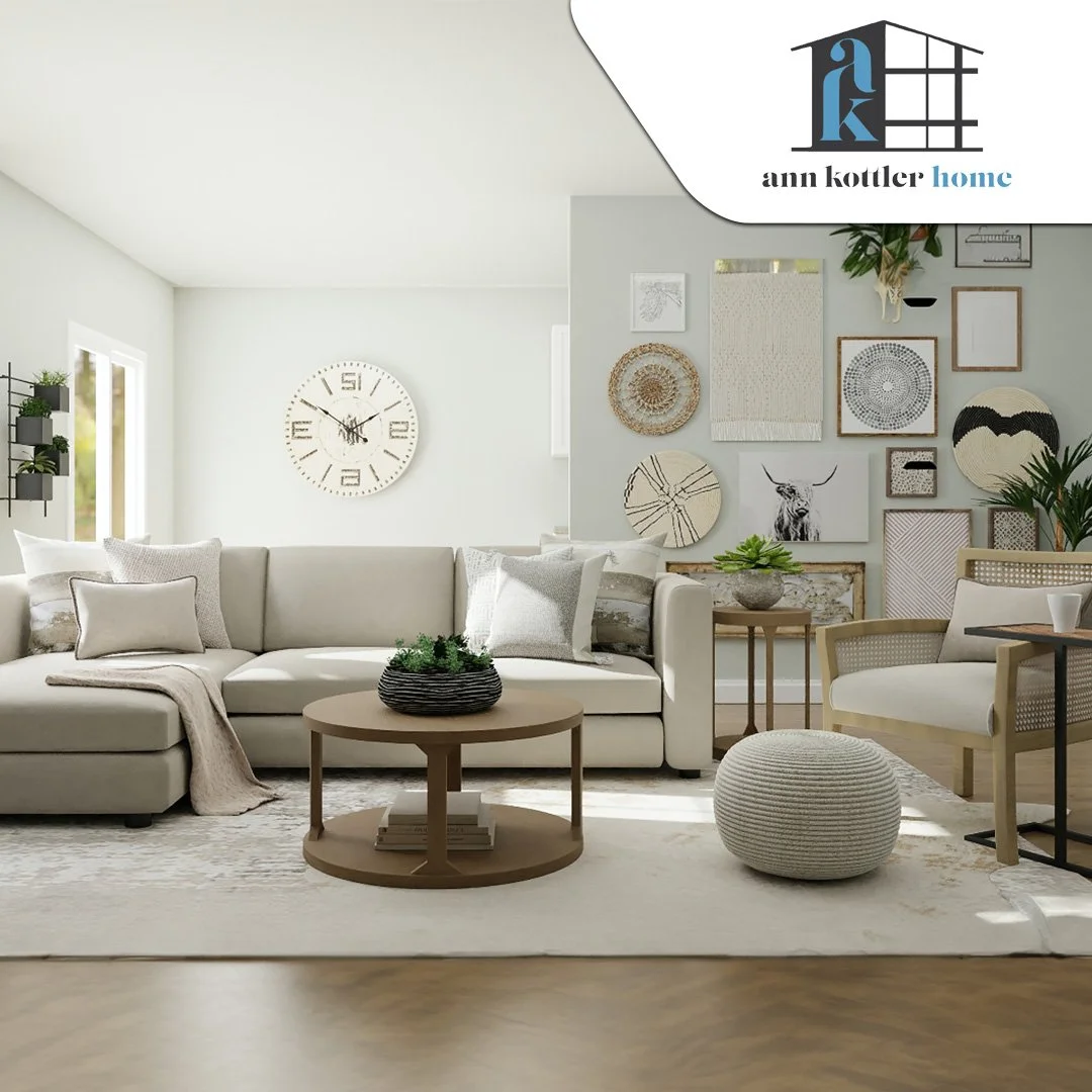 Elegant living room featuring neutral furnishings, layered textures, curated wall décor, and a refined luxury interior design aesthetic.