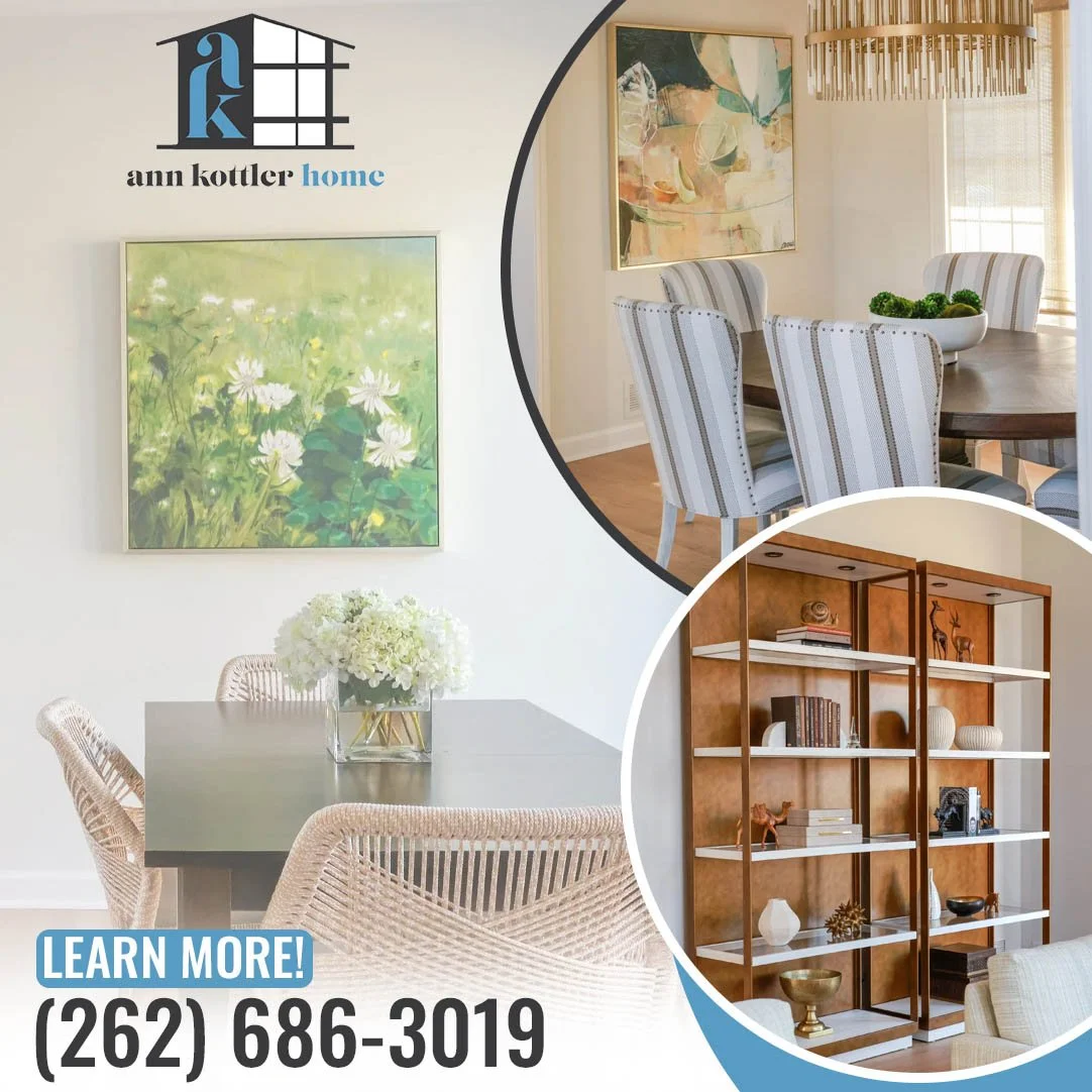 Three interior vignettes showing a casual dining area, formal dining room, and styled bookshelf in neutral tones