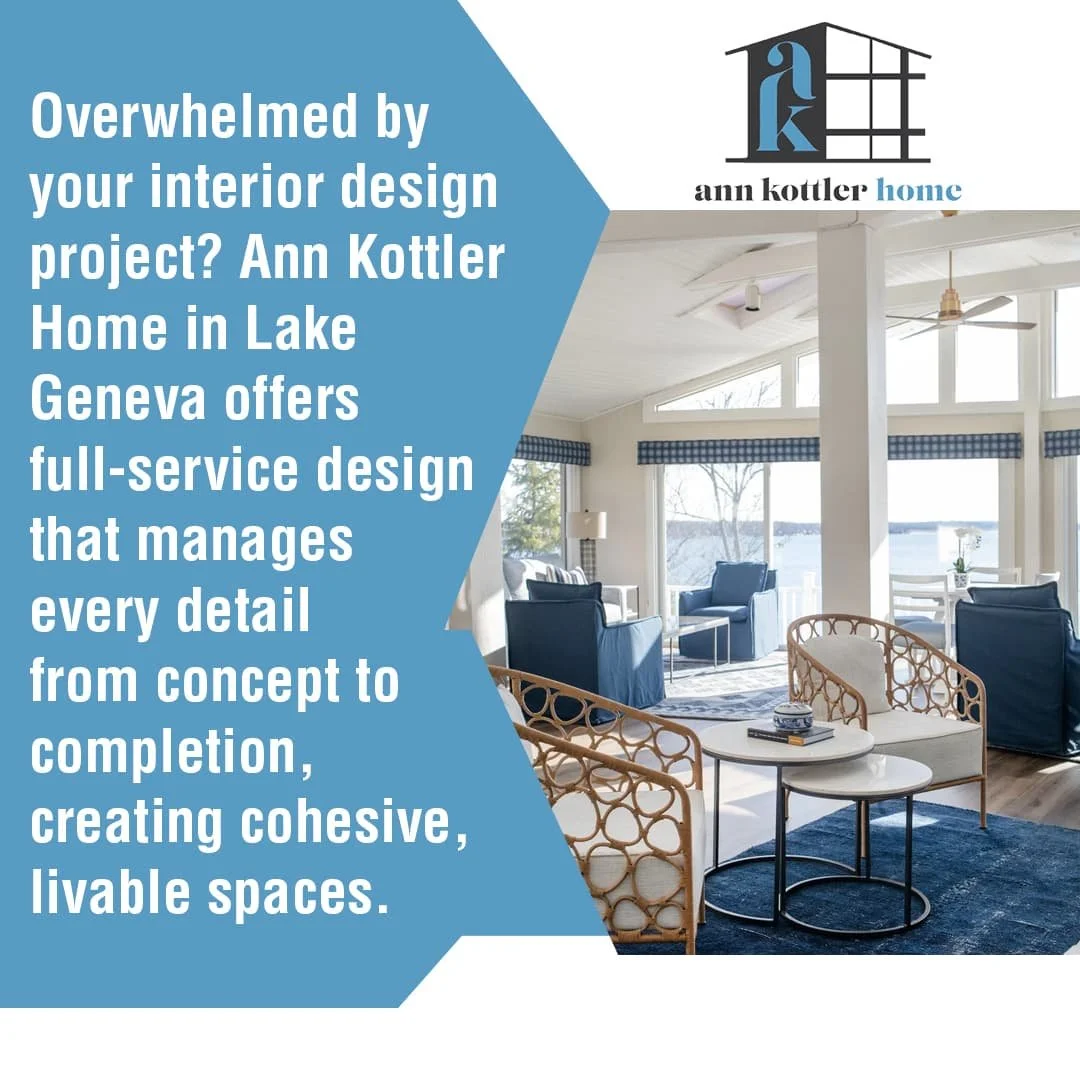 Full-service interior design living room by Ann Kottler Home with lake view and modern coastal style