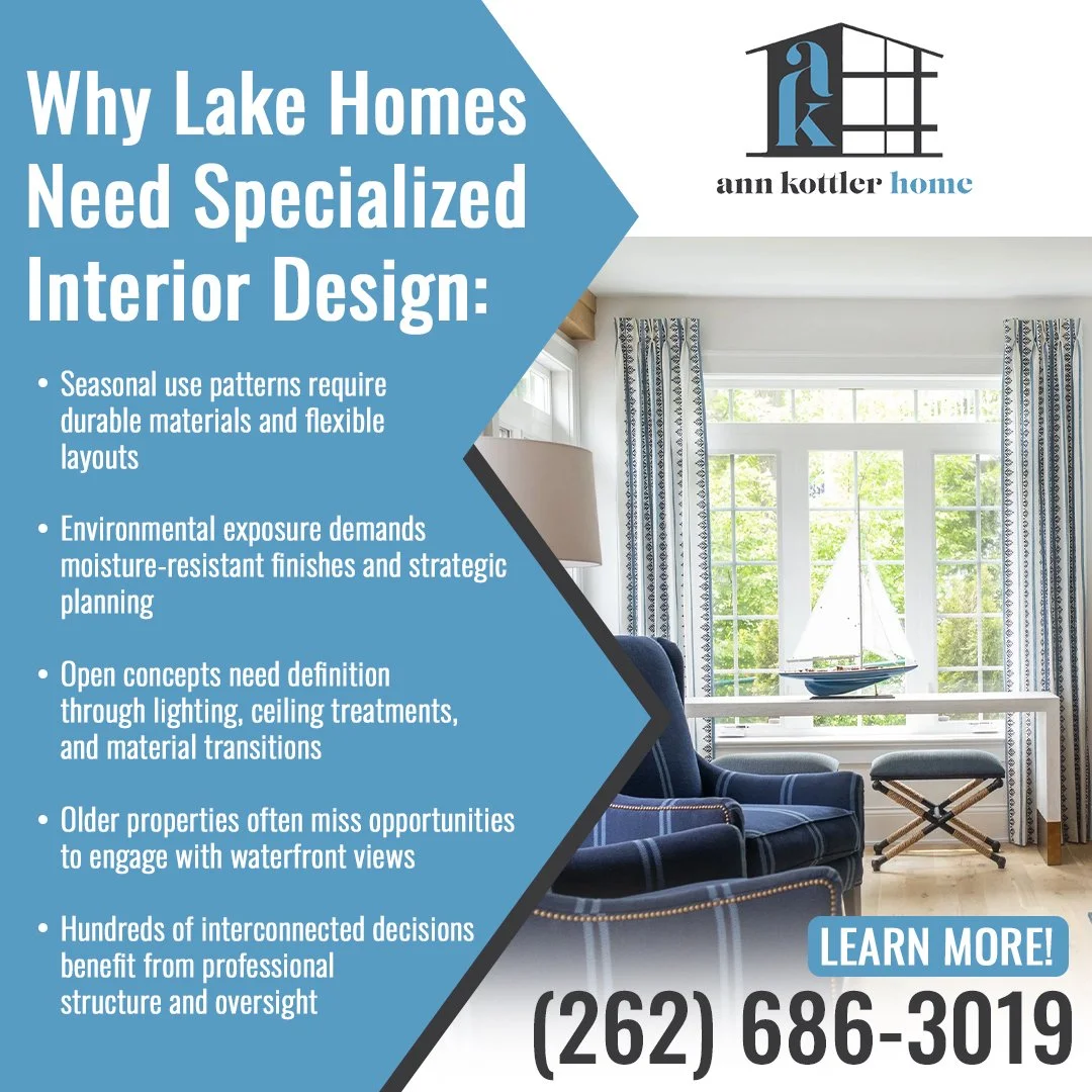 Bright lake home interior featuring large waterfront windows, comfortable seating, and a professionally designed living space.
