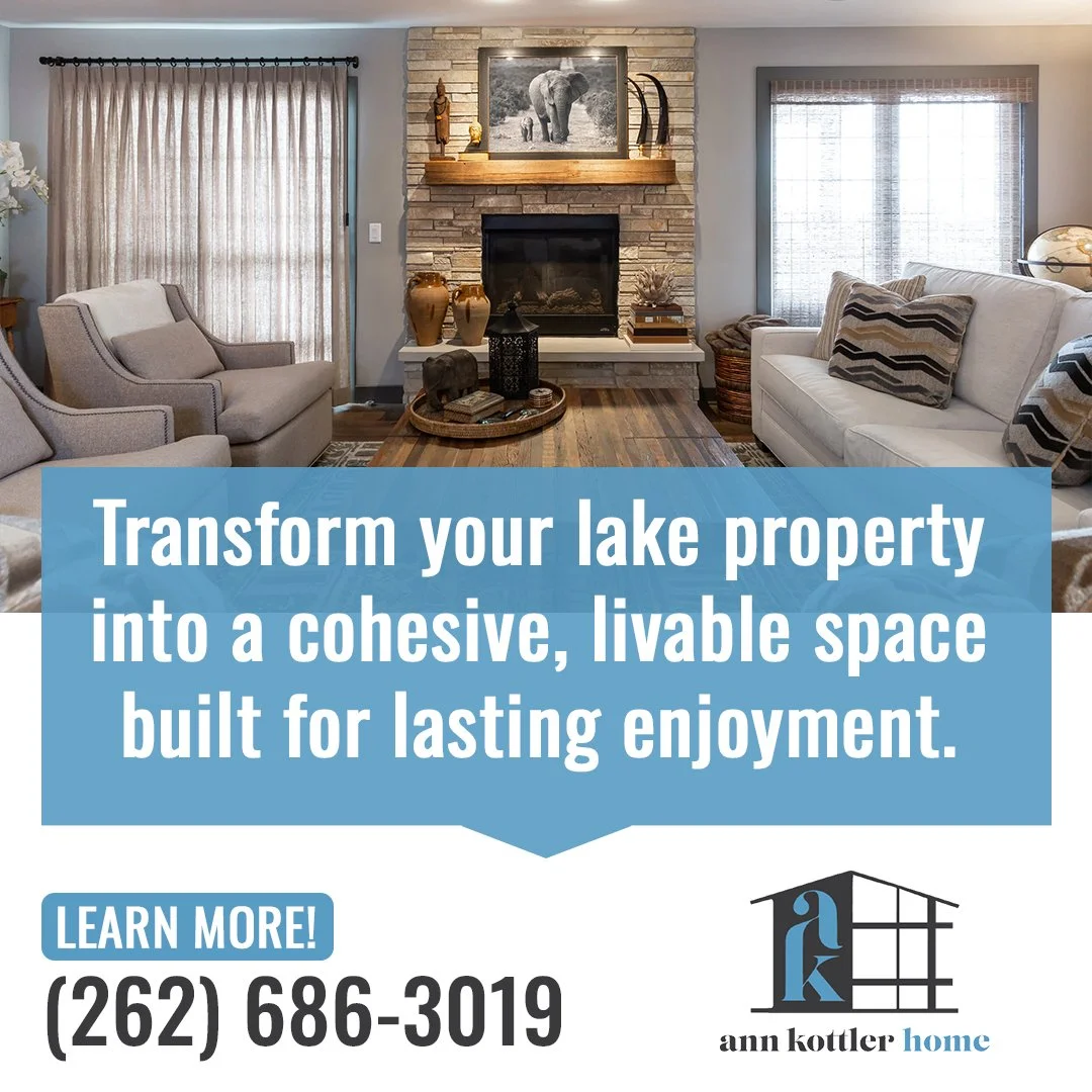 Beautifully designed lake home living room featuring a stone fireplace, comfortable seating, and cohesive interior décor.