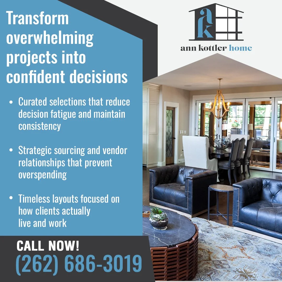 Ann Kottler Home graphic featuring a living room with navy leather sofas and a wood chandelier, listing three design benefits: curated selections, strategic sourcing, and timeless layouts tailored to how clients live.