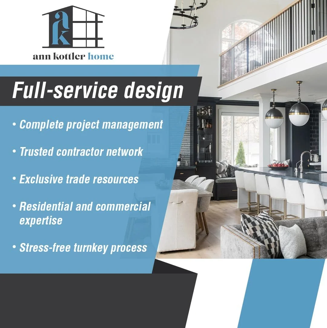 Full-service interior design kitchen and living space by Ann Kottler Home with modern luxury finishes and open layout
