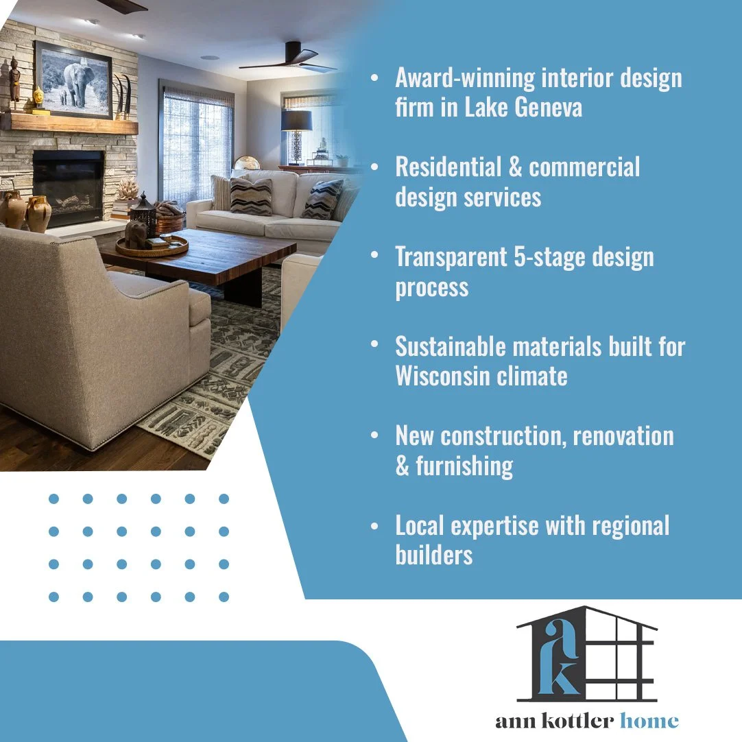 Modern living room interior with a fireplace and seating area featured in an interior design services promotional graphic.