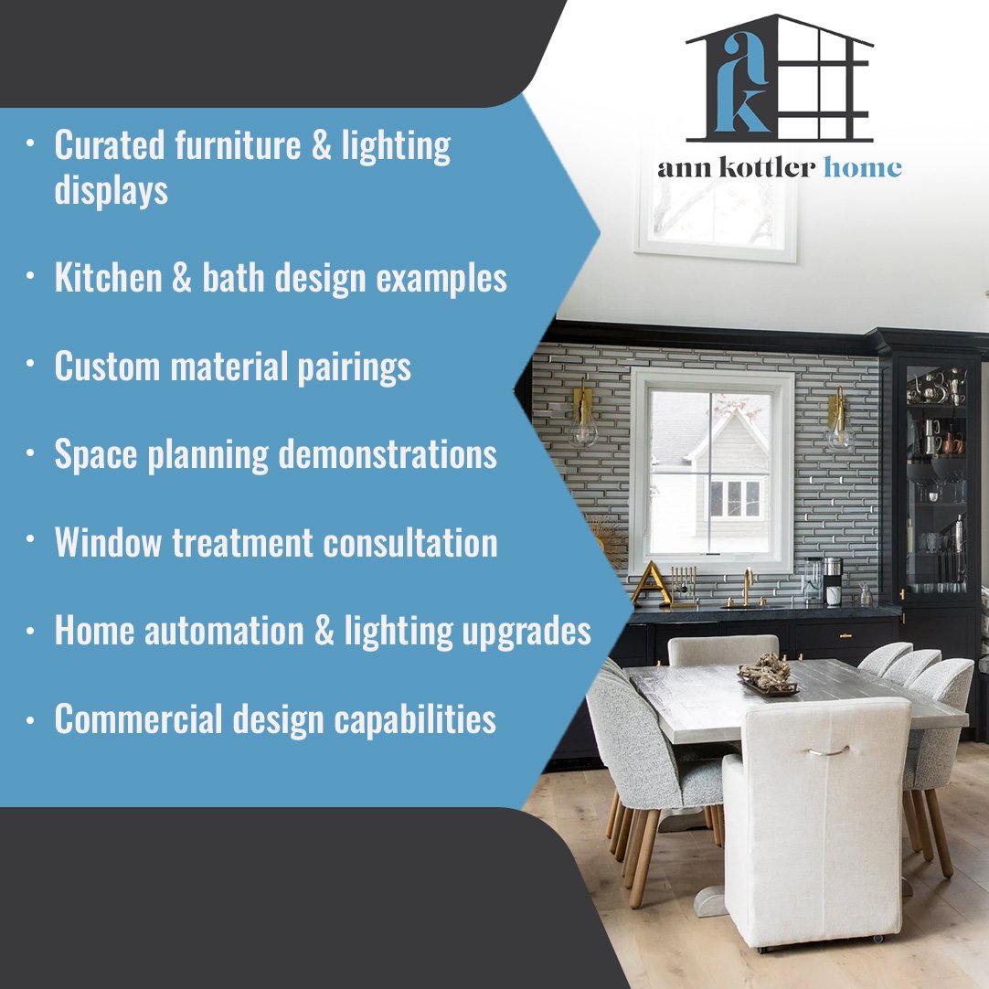 Elegant dining and kitchen interior at Ann Kottler Home showroom featuring custom furnishings, lighting, and luxury design elements.