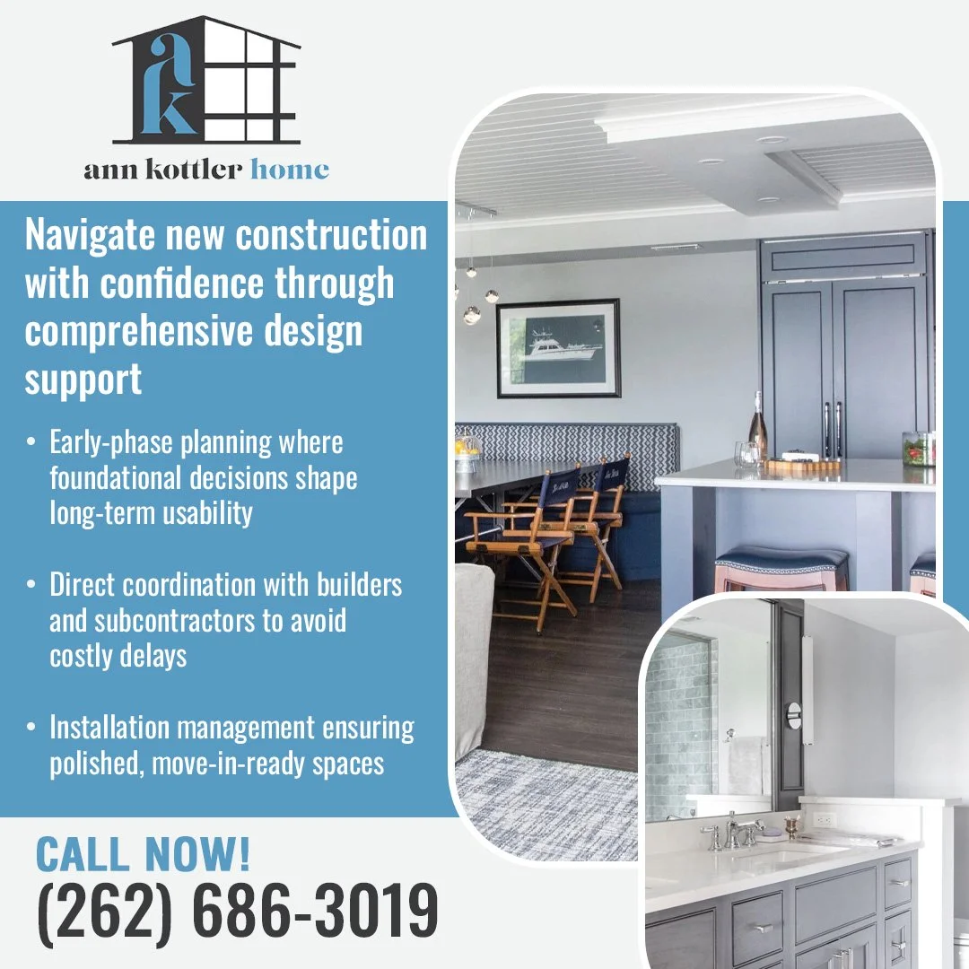 nn Kottler Home graphic showing a navy blue kitchen dining area and a gray bathroom vanity, listing three new construction design services: early-phase planning, builder coordination, and installation management.