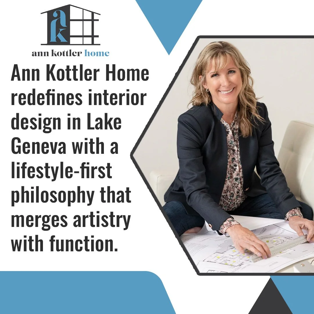 Professional headshot of Ann Kottler, an interior designer in Lake Geneva, reviewing floor plans with a scale ruler on a white sofa.