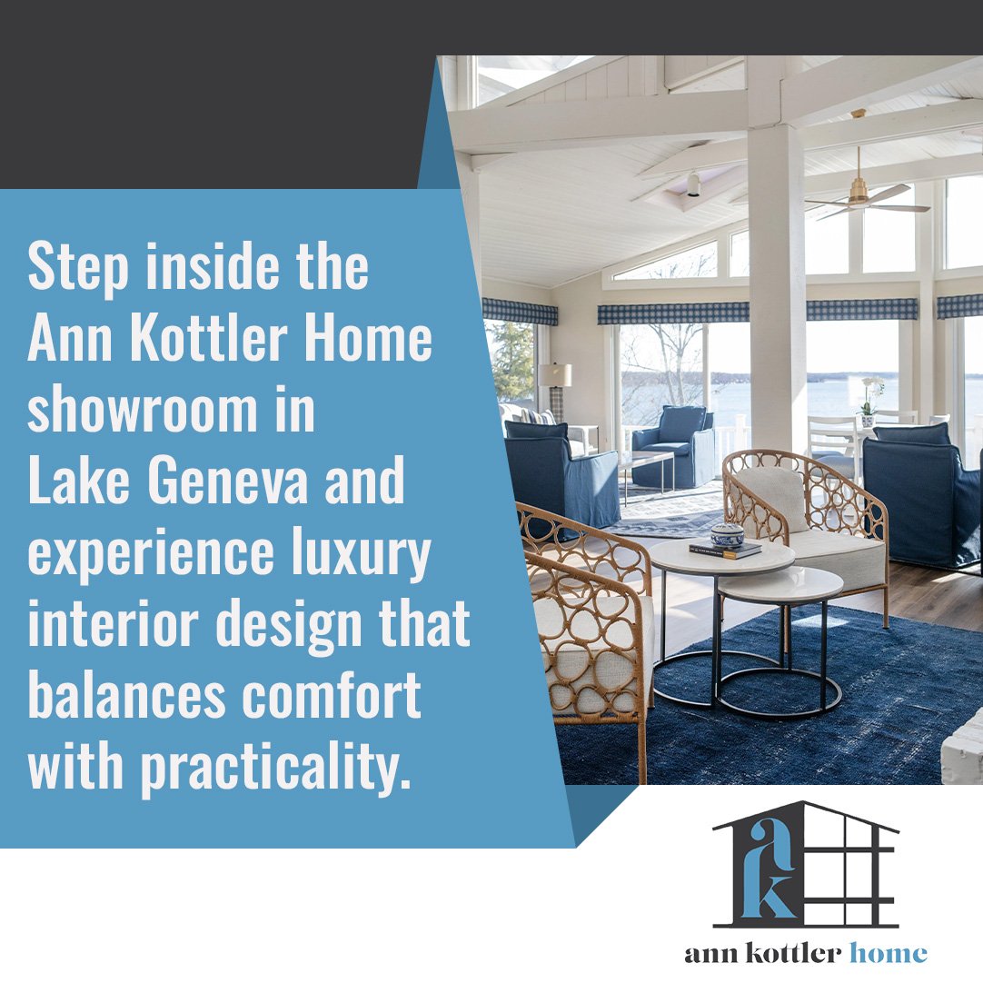 Modern luxury living room at Ann Kottler Home showroom in Lake Geneva with blue seating, lake views, and elegant interior design.