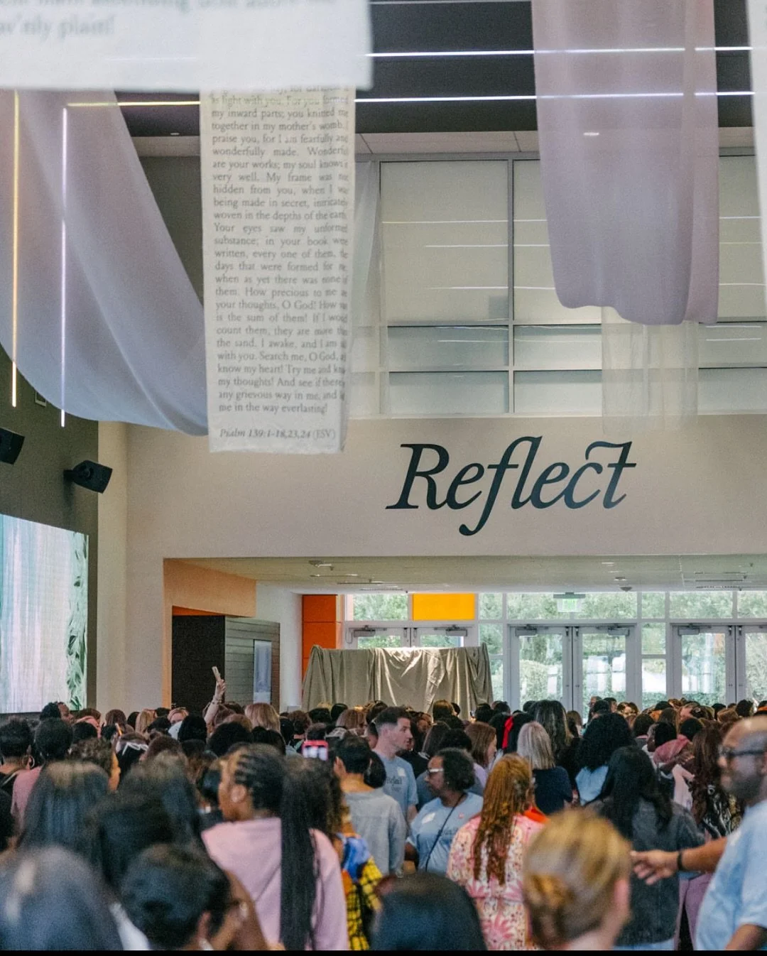 Reflect 2025 ⛲️ From merch packaging to sermon support, it was a dream to see what our teams worked so hard on come to life. 

This year we worked with our campus team to create a stunning lobby experience featuring long scroll like drapery covered i