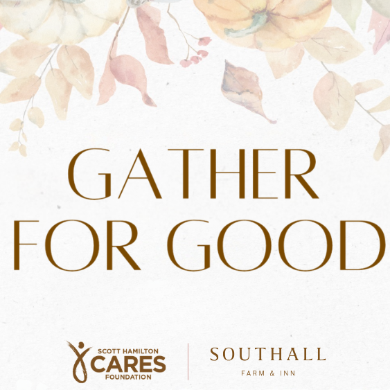 Fall background with text reading "Gather for Good"