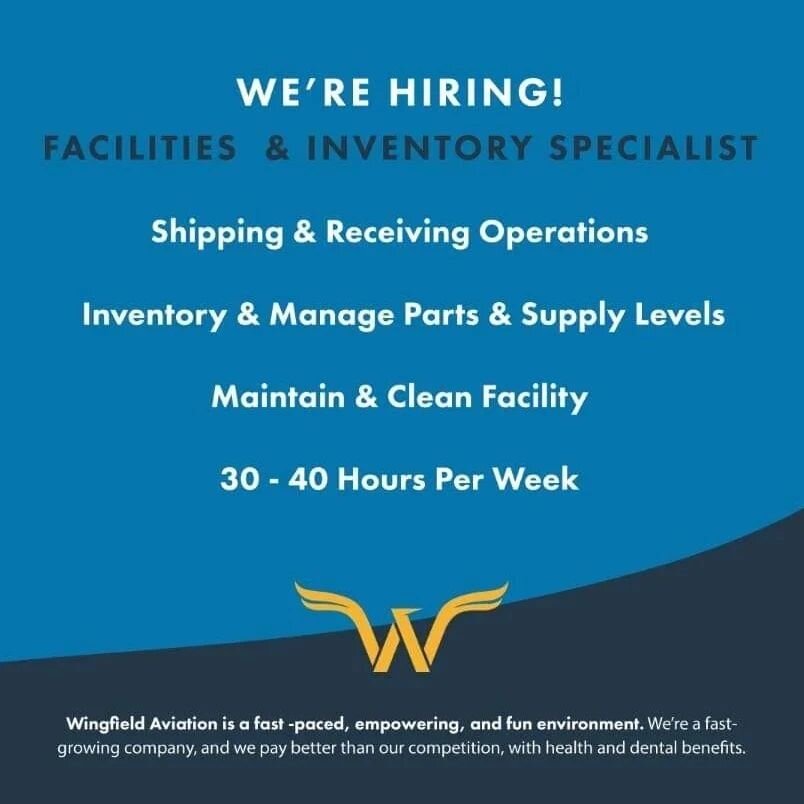 WE ARE HIRING!! (again😁)

Wingfield Aviation is looking for our 7th Team Member &amp; the next great addition to our team.

Currently taking applications for a FACILITIES &amp; INVENTORY SPECIALIST!

Come be a part of #TeamWingfieldAviation w/ our 5