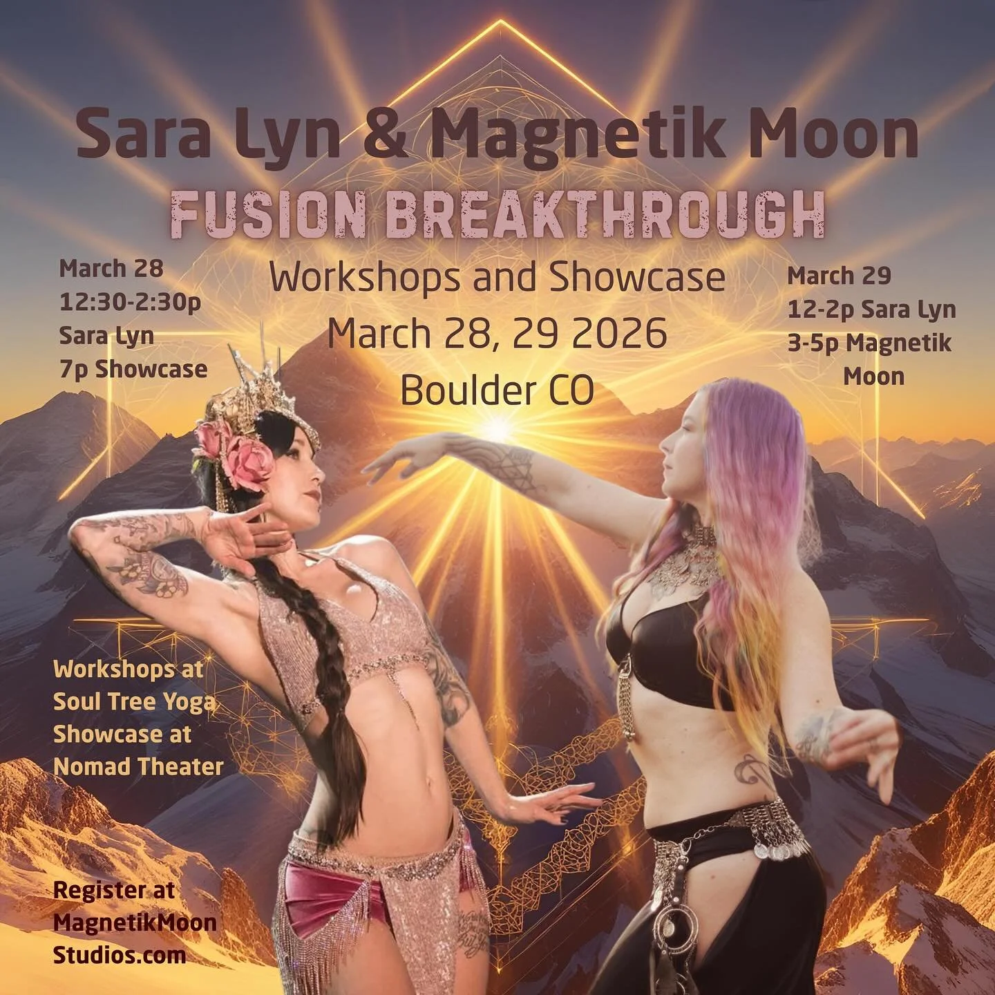 So excited to be teaming up with @saralyn_vimana for a powerful, transformative weekend of workshops and a showcase featuring spellbinding performances from the world of fusion belly dance.  Colorado let&rsquo;s gooooo 🙌🙌🙌
Registration is live Mag