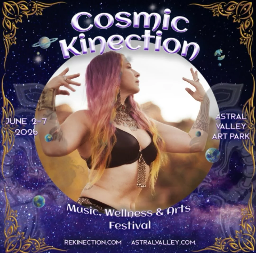 Join us at Cosmic Kinection!!!!! ☀️ Grateful to be sharing my passions!!! I&rsquo;m playing a dj set, teaching a fusion belly dance workshop and performing!!!! This land is so majestic, from crystal caves to natural springs and lush greenery, we chan