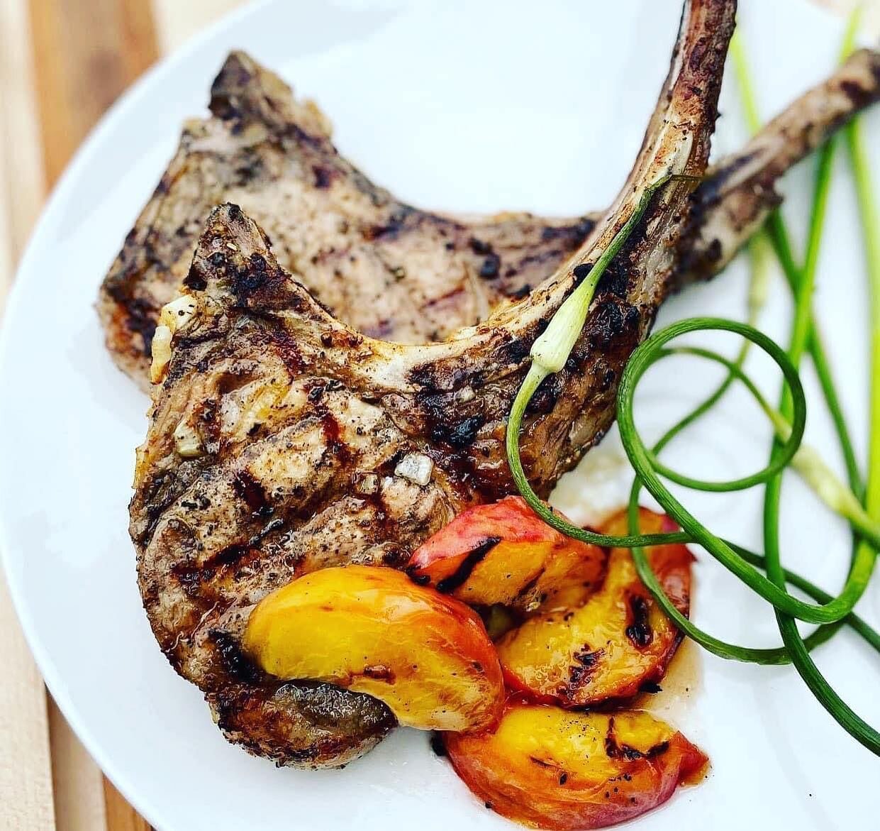 🍑 season 
- grilled tomahawk chops w. Peaches &amp; late season scapes