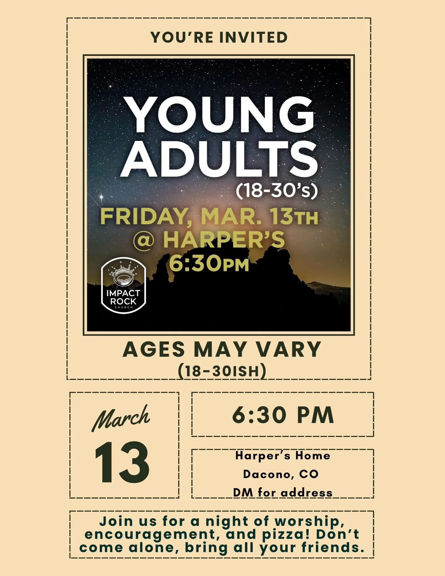 This Friday join us for our 2nd @impactrock young adults night! Bring a friend and come fellowship, receive discipleship, and some food! 

⏰ 6:30 PM

📍Harper&rsquo;s Home 

#erie #youngadult #fridaynight #jesus #fellowship