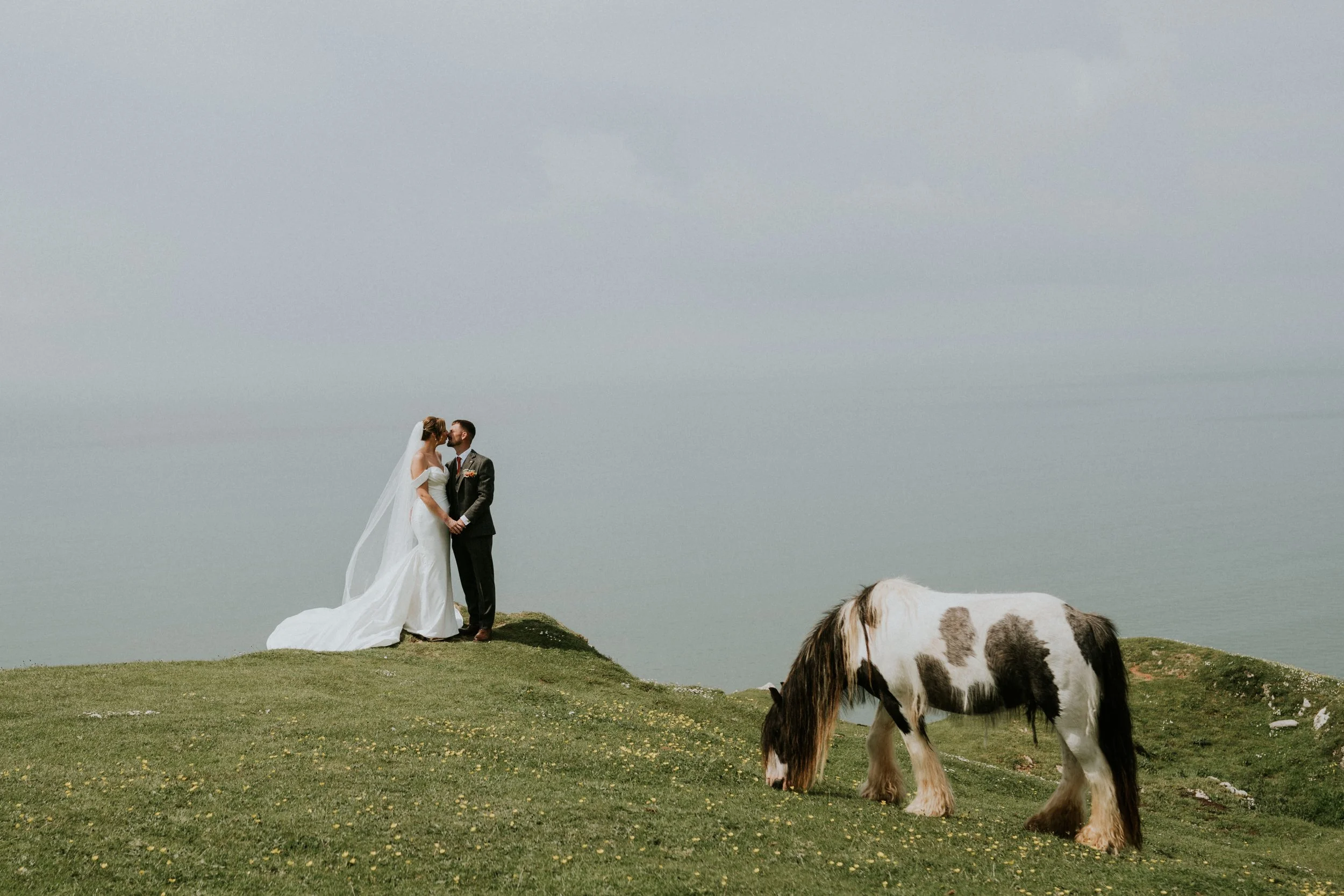 A bride and groom kiss on a grassy hilltop with cloudy sky, with two horses nearby.