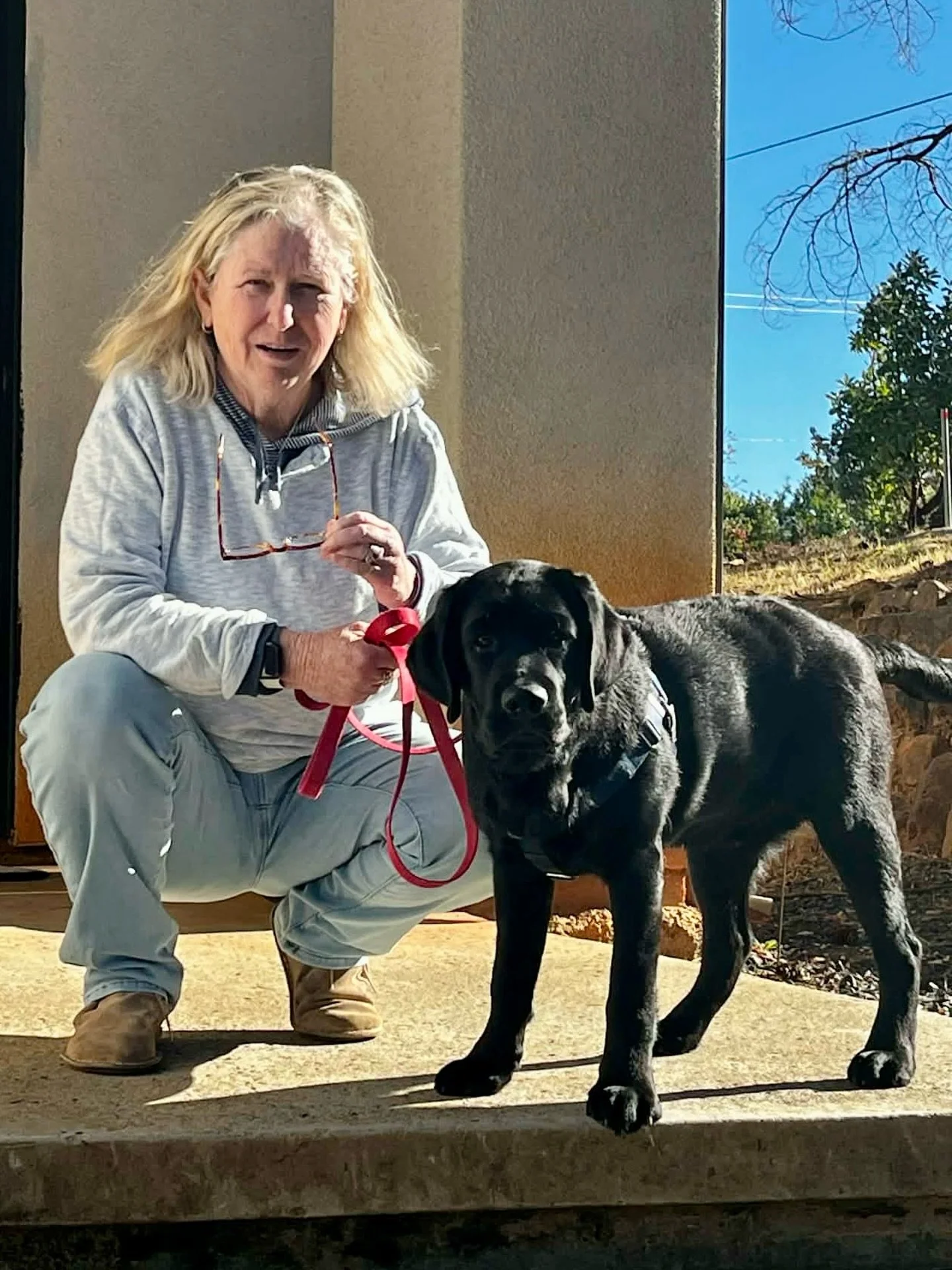 Meet Crash, pictured here with his person CC. CC is a second dog generation friend as she trained her prior dog, the sensational Stinson, with us before Crash was on the scene. 

CC is doing all the right things to be sure she and new puppy, Crash, g