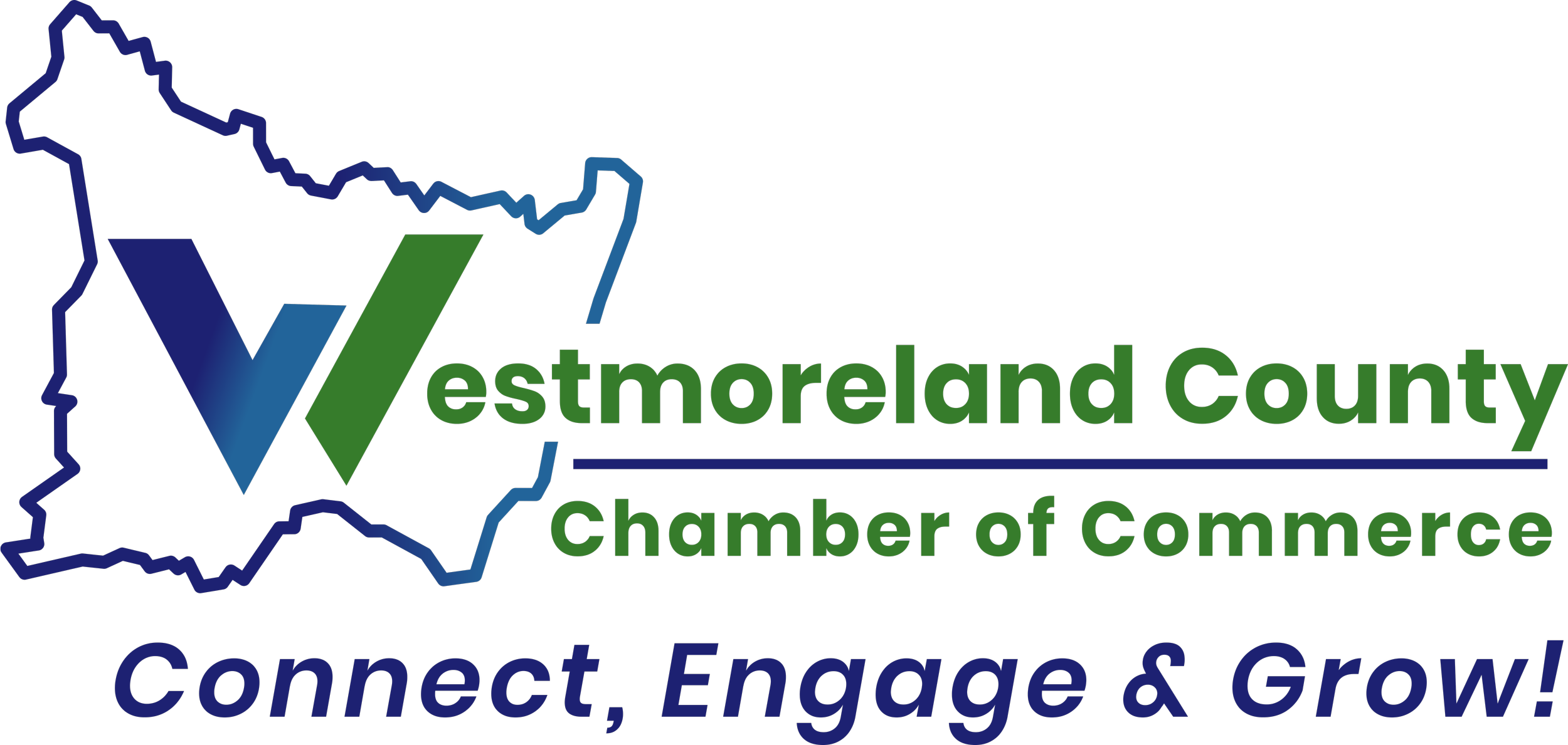 Logo for Westmoreland County Chamber of Commerce with a state outline, a growth chart, and the slogan 'Connect, Engage & Grow!'