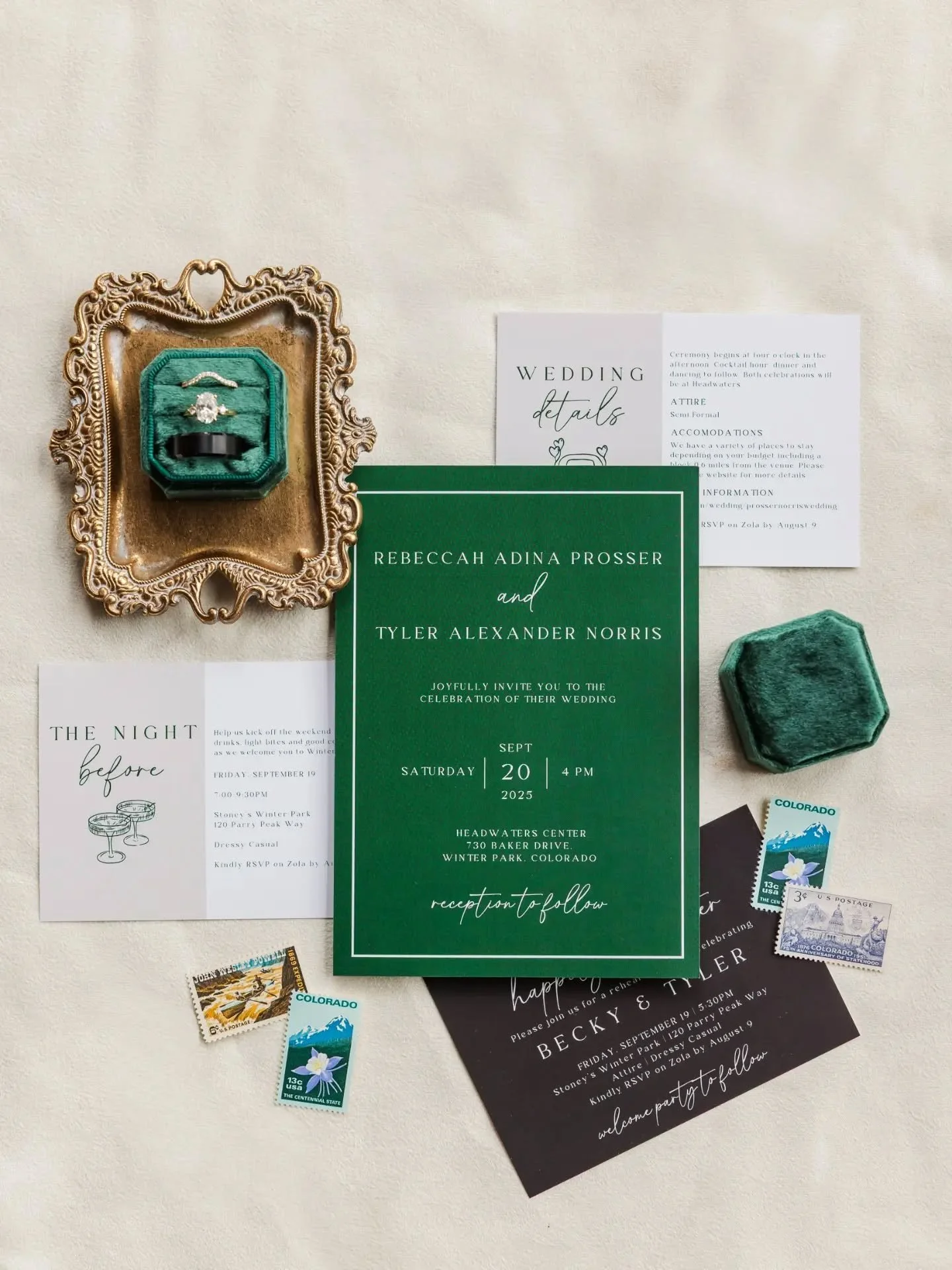 A moment for these details from Becky and Tyler's beautiful wedding in Winter Park, Colorado!!!

Added a few of the vintage Colorado stamps from my styling kit to really add an extra special touch to this flat lay!

I loved the pop of green too that 