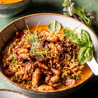 THAI CHICKEN PEANUT RAMEN. I just made this for the first time and was obsessed, but it took a LOT longer than I thought. Next time I'll use half the amount of ramen, as it soaked up like ALL the broth. Make sure to use cast iron to get the same chic