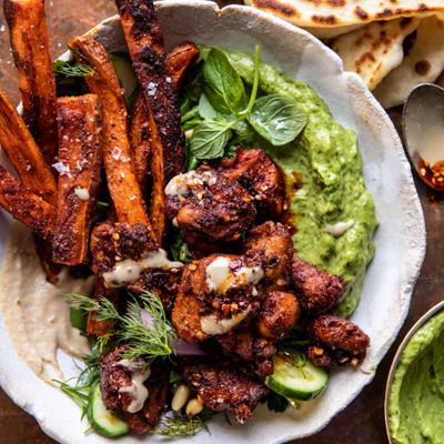 CHICKEN SWEET POTATO AVOCADO BOWL. If you don't love doing homemade hummus from scratch, get a store bought hummus and loosely blend it with a whole extra can of chickpeas so its more of a chickpea mash than pure hummus. I like it chunkier.