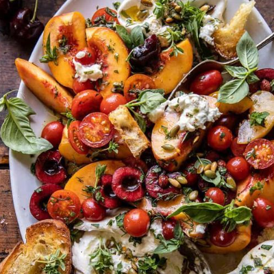 BURRATA PEACH CHERRY SNACK BOWL. This works okay with frozen peaches and cherries too (just soak in the oil/vinegar mixture for a couple hours.)