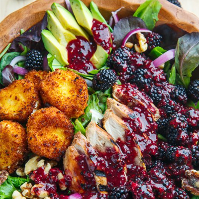 BLACKBERY AVOCADO GOAT CHEESE SALAD. The fried goat cheese makes this elite. and the marinade/dressing is so good, but it makes the chicken look creepy and purple tbh.