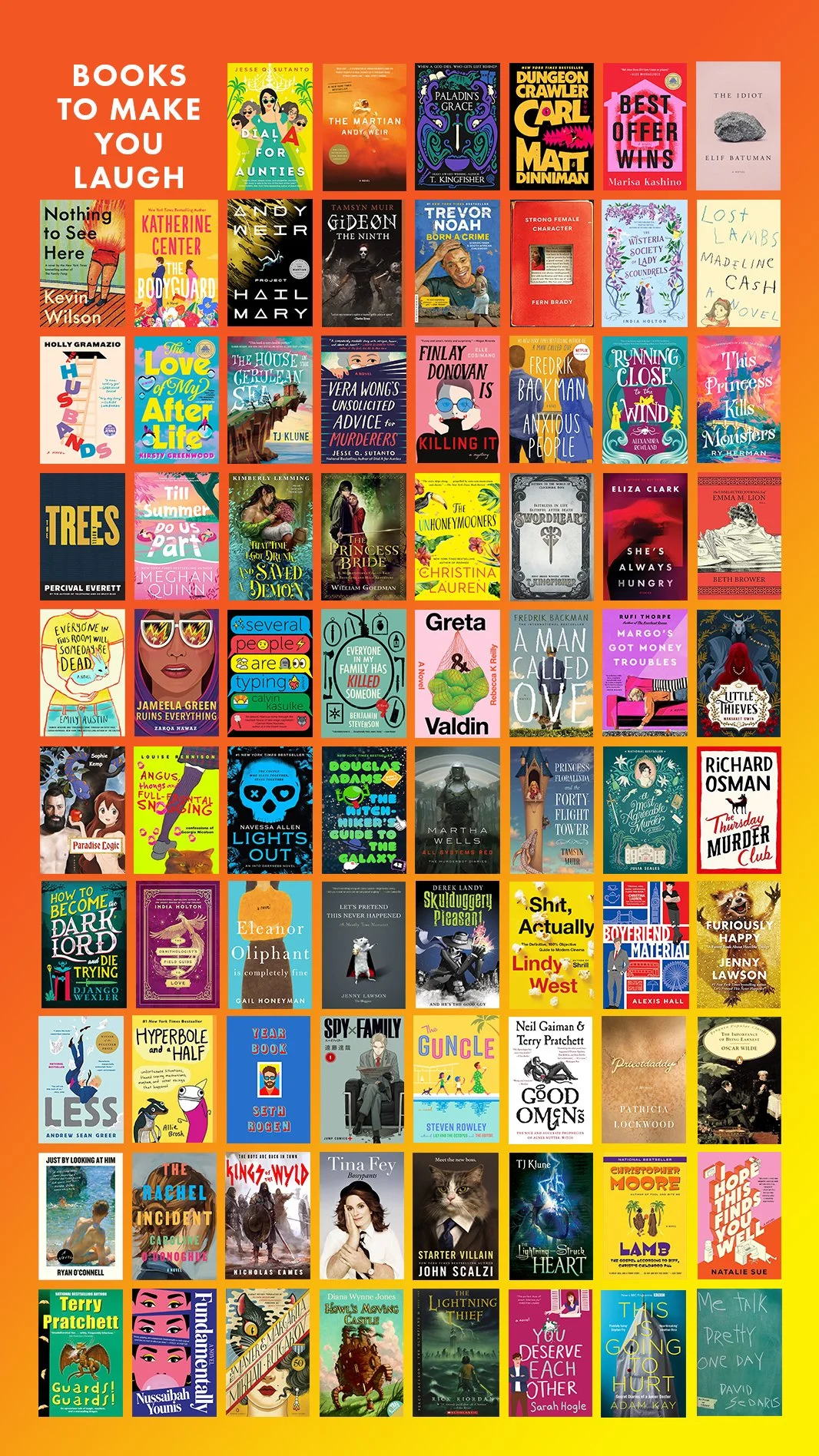 78 book covers with the text saying "books to make you laugh" ontop. Clicking the link will take you to a blog post with every funny book title listed.