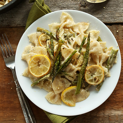 LEMON ASPARAGUS PASTA. Make sure you use unsweetened almond milk, not original. Also I add literally 3x the amount of nutritional yeast than the recipe suggests.
