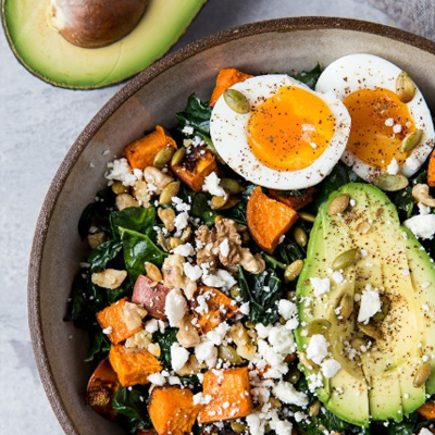 KALE SALAD WITH JAMMY EGG. Use like twice the amount of kale you think, cause when you pop it in the skillet, it disappears. I usually use 2 full heads of kale (cooked) and then a whole bunch of "baby" kale (raw) so there's still some freshness to th